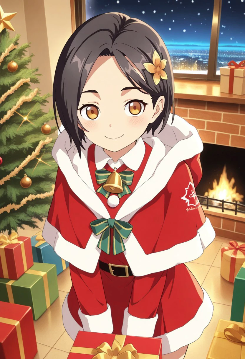 masterpiece,best quality,amazing quality,rinwell, short hair, black hair, brown eyes, 1girl, hair ornament, christmas tree, christmas, smile, hair flower, flower, box, capelet, gift, santa clothes