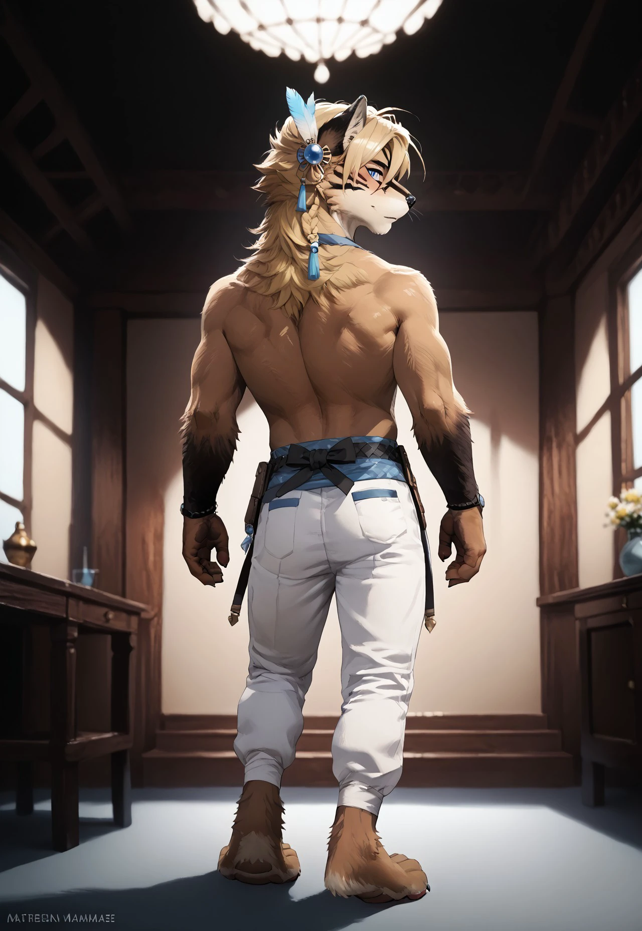 safe_pos, score_9_up, score_8_up, score_7_up, score_6_up, Score_5_up, Score_4_up,
Zaush, sn0wsk4u,
high quality, detailed, masterwork,
standing,
1boy, furry, mature male,
(twink), (footpaws), (slim waist), tall,
Nanaki, Blonde Hair, Skyblue Eyes, black face markings,
hair feather ornaments, darker fur arms,
shirtless, white pants, blue satin belt,