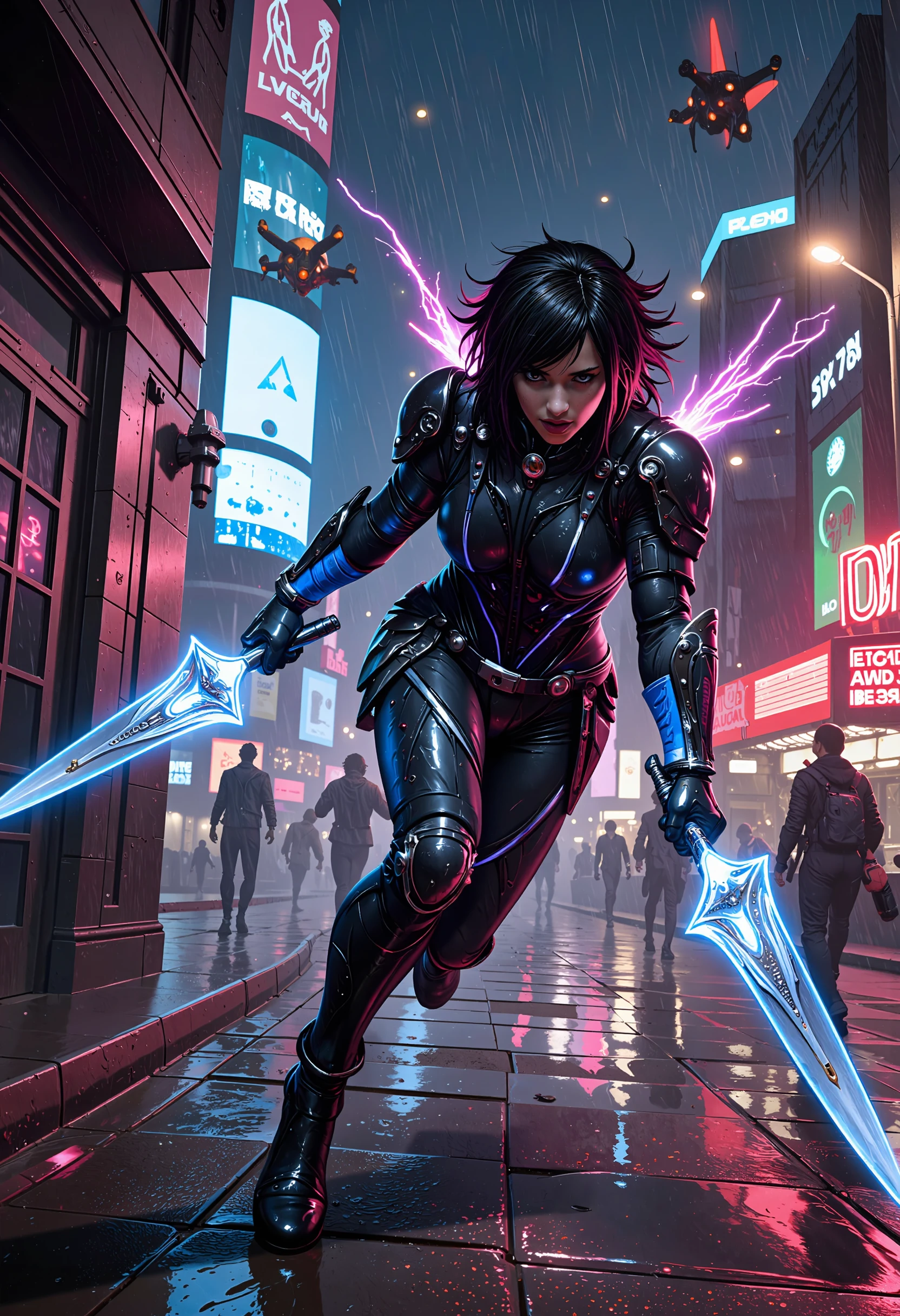 a gritty, cyberpunk-style digital painting featuring a human rogue in the midst of a heist. The character, a wiry figure with messy black hair and cybernetic implants glinting under neon lights, is clad in a sleek, high-tech bodysuit with glowing blue circuitry patterns. They hold a compact plasma dagger in one hand, its blade radiating a soft, blue light, and a data disk in the other. The backdrop is a chaotic, neon-lit cityscape, with holographic advertisements and rain reflecting vibrant colors on the metal streets. Sparks fly from an access panel behind the rogue, indicating their hasty escape as drones hover menacingly in the distance.