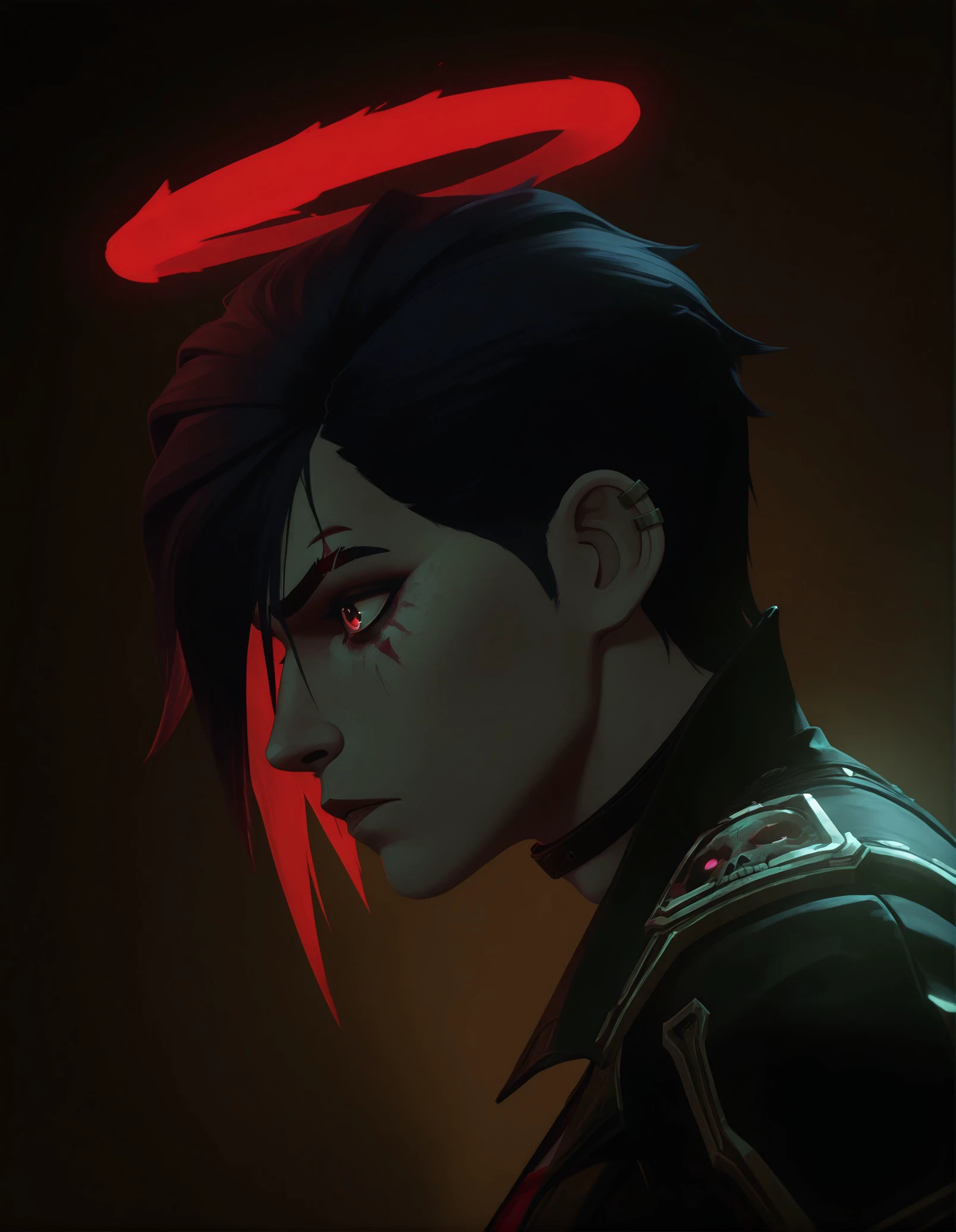 masterpiece, best quality, amazing quality, very aesthetic, absurdres, newest, vi (league of legends), portrait, side profile, male, dark hair, red streaks, black hair, short hair, red eyes, gothic, fantasy, leather jacket, spiked shoulders, skull emblem, red skull, black jacket, red shirt, collar, halo, glowing, ethereal, digital art, detailed, realistic, dark background, brown background, red highlights, stylized, dramatic lighting, moody, intense gaze, serious expression, fantasy character, sci-fi, cyberpunk, dark fantasy, detailed textures, vibrant colors, glowing halo, Arcane Style, <lora:23029ffd-e4e6-4870-a2b4-fb6b510c1f0b:0.8>
