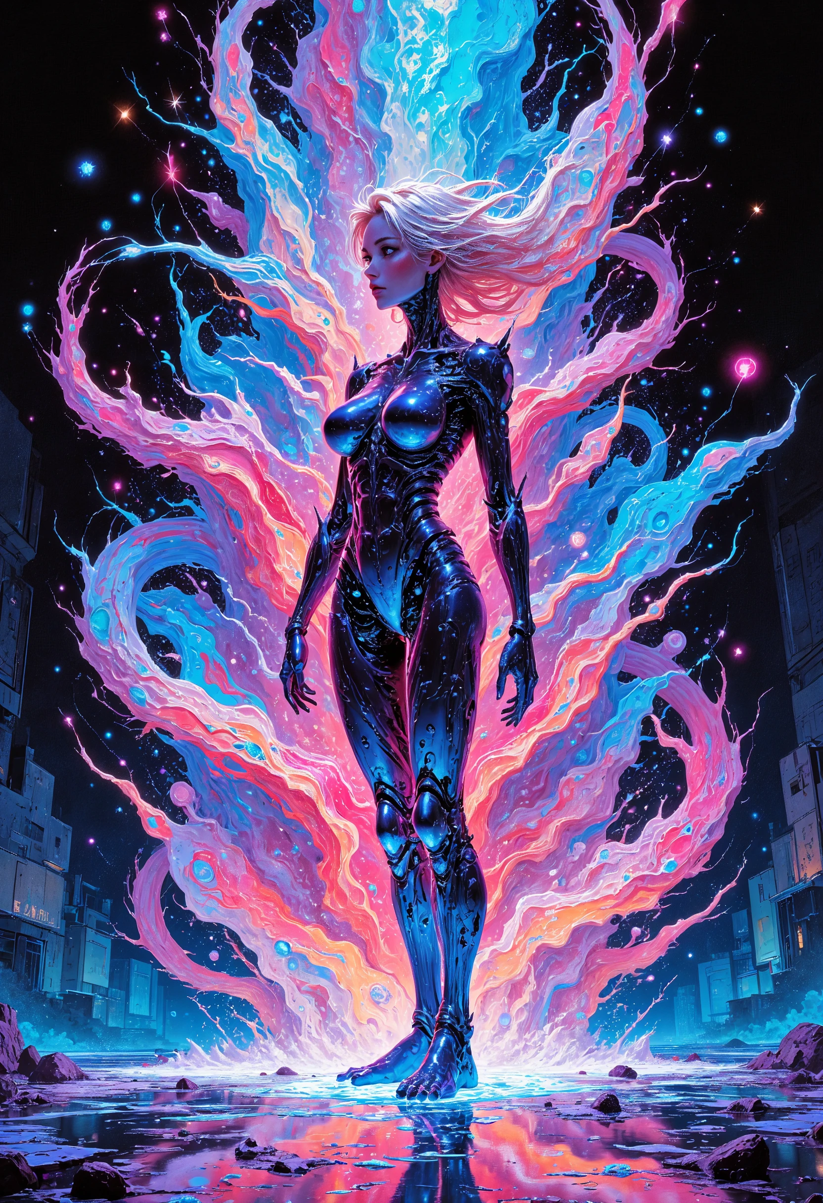 masterpiece, high-quality, A mechanical dancer with segmented metal limbs that flow like liquid, Each movement generates cascading holographic patterns around her forming abstract mandalas in the air, She performs atop a polished mirrored stage that reflects a fragmented neon-lit cityscape, holographic mandalas, mirrored motion, liquid metal, (Stylized cyberpunk anime with sleek high-contrast details, elaborate fine details, hyperdetailed, intricate details, Refined details, best quality, high resolution,