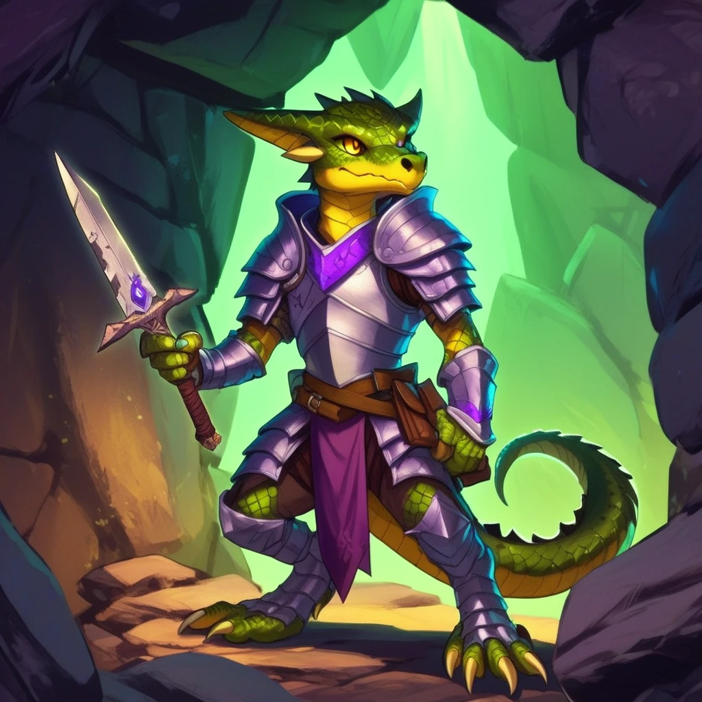 anime artwork <lora:Kobolds - sdxl1.0:1>1boy, armor, full body,male, holding, knife, kobolds, male focus, no humans, open book, scales, reptile, simple background, solo, standing, tail, weapon, yellow eyes, deep cavern, background is purple green jade abandoned mine . anime style, key visual, vibrant, studio anime, highly detailed