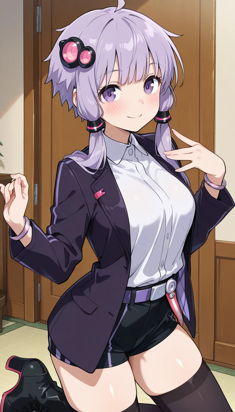 (masterpiece),best quality,amazing quality,very aesthetic,absurdres,newest,perfect body,shiny skin,perfect eyes,detail1eye,well-defined fingers,well-defined fingernails,anime style,indoors,1girl,solo,upper body,(portrait:1.5),looking at viewer,facing viewer,smile,blush,Yuzuki Yukari,short hair,purple hair,short hair with long locks,hair tubes,hair ornament,hair ribbon,sidelocks,blunt bangs,purple eyes,black jacket,open jacket,white shirt,collared shirt,medium breasts,long sleeves,bracelet,purple belt,black shorts,short shorts,zettai ryouiki,black thighhighs,cross-laced footwear,high heel boots,black footwear,<lora:Yuzuki Yukari(voi)-Illus-Remake:1.8>,