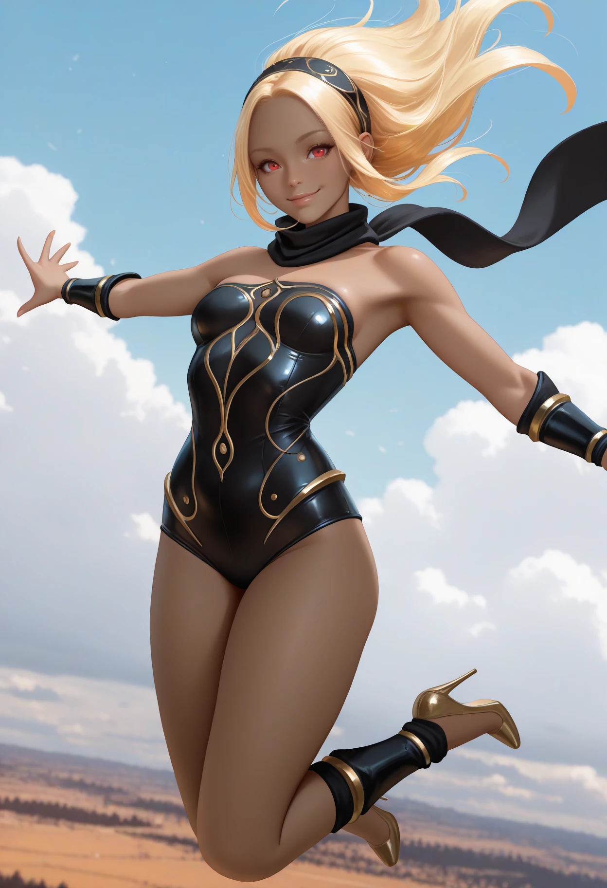 masterpiece, best quality, realistic, dutch angle, solo, 1girl, k4tdef, dark-skinned female, smile, looking at viewer, flying, floating, spread arms, long hair, blonde hair, black hairband, red eyes, gold trim, black leotard, strapless leotard, vambraces, black leg warmers, high heels, black scarf, bare shoulders, outdoors, midair, blue sky, cloud
<segment:yolo-Anzhc Face seg 640 v2 y8n.pt,0.4,0.5//cid=1>