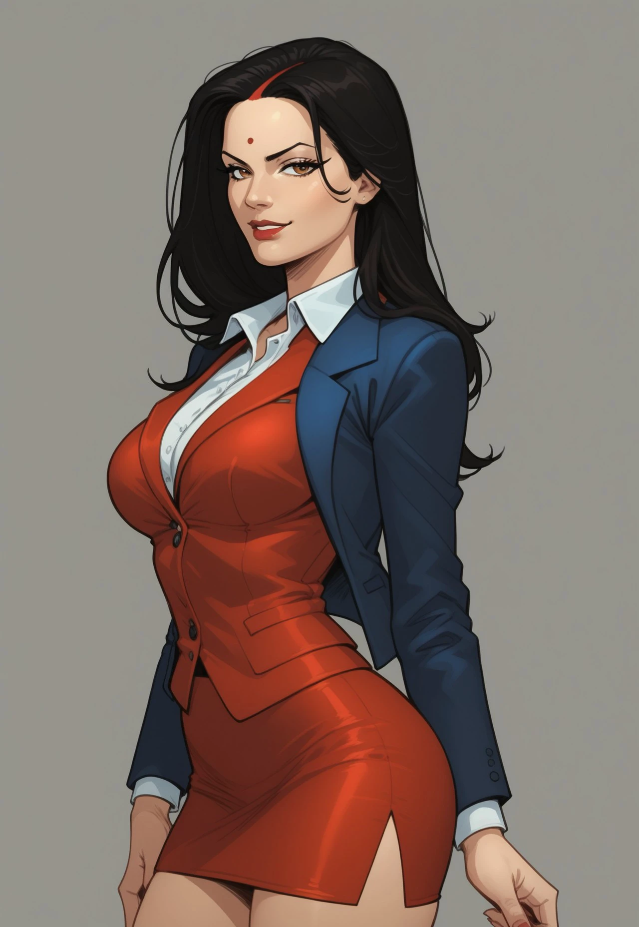 safe_pos, score_9, score_8_up,score_7_up, source_anime,2d anime,,solo,cowboy shot,solo focus,skirt suit,blazer over collared shirt,pencil skirt,looking at viewer,seductive smirk, <lora:Expressive_H:1> expressiveh, sindoor, bindi, forehead mark