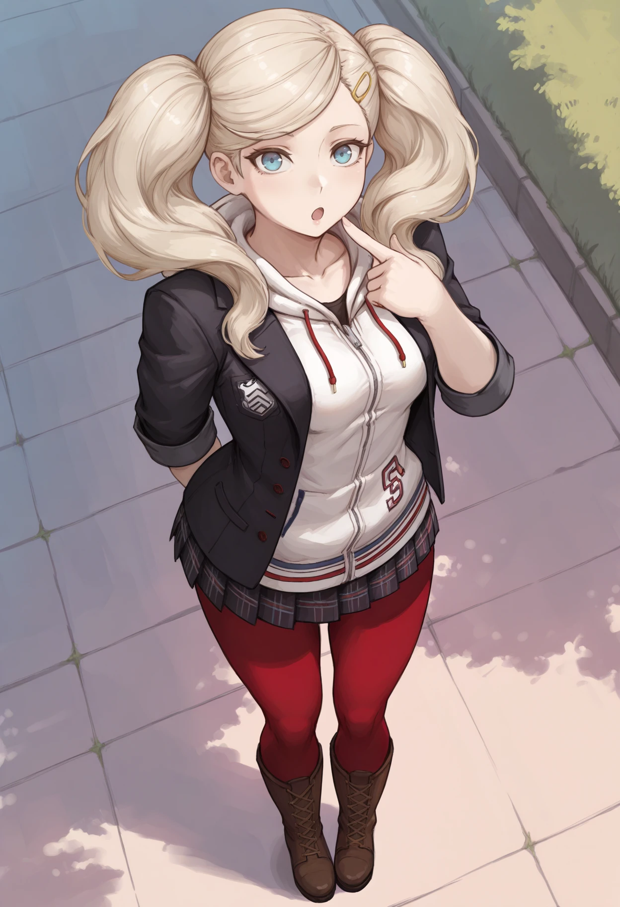 masterpiece, best quality, 1girl, :o, pointing at self, looking at viewer, from above, foreshortening, arm behind back, <lora:AnnP5df-illu:1> dfAnn, blonde hair, twintails, swept bangs, hairclip, blue eyes, medium breasts, school uniform, white hoodie, black blazer, open blazer, sleeves rolled up, plaid skirt, pleated skirt, miniskirt, red pantyhose, knee boots, brown footwear, lace-up boots, outdoors