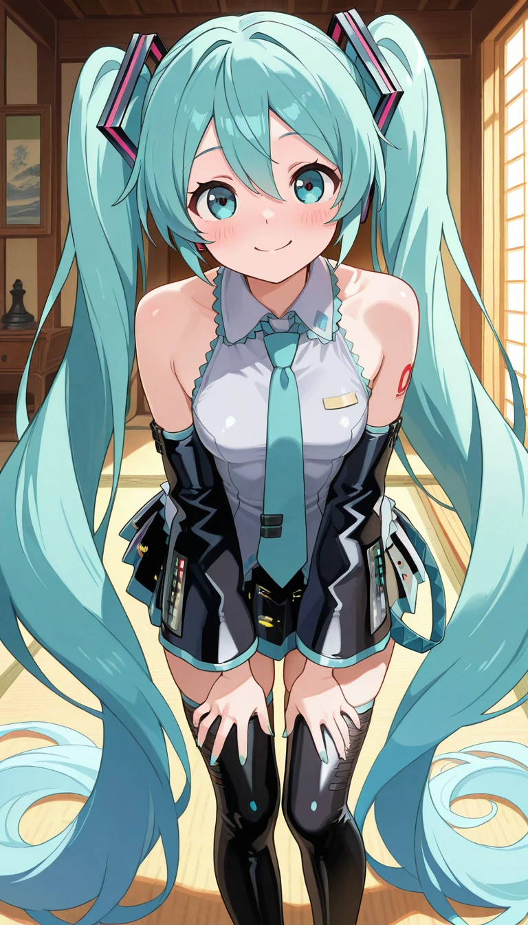 (masterpiece),best quality,amazing quality,very aesthetic,absurdres,newest,perfect body,shiny skin,perfect eyes,detail1eye,well-defined fingers,well-defined fingernails,anime style,indoors,1girl,solo,upper body,(portrait:1.5),looking at viewer,facing viewer,smile,blush,hatsune miku,absurdly long hair,aqua hair,twintails,hair ornament,sidelocks,hair between eyes,parted bangs,aqua eyes,white shirt,collared shirt,bare shoulders,sleeveless shirt,aqua necktie,detached sleeves,black sleeves,shoulder tattoo,fringe,black thighhighs,miniskirt,pleated skirt,zettai ryouiki,thigh boots,<lora:Hatsune Miku(voc)-Illus-Remake:2>,