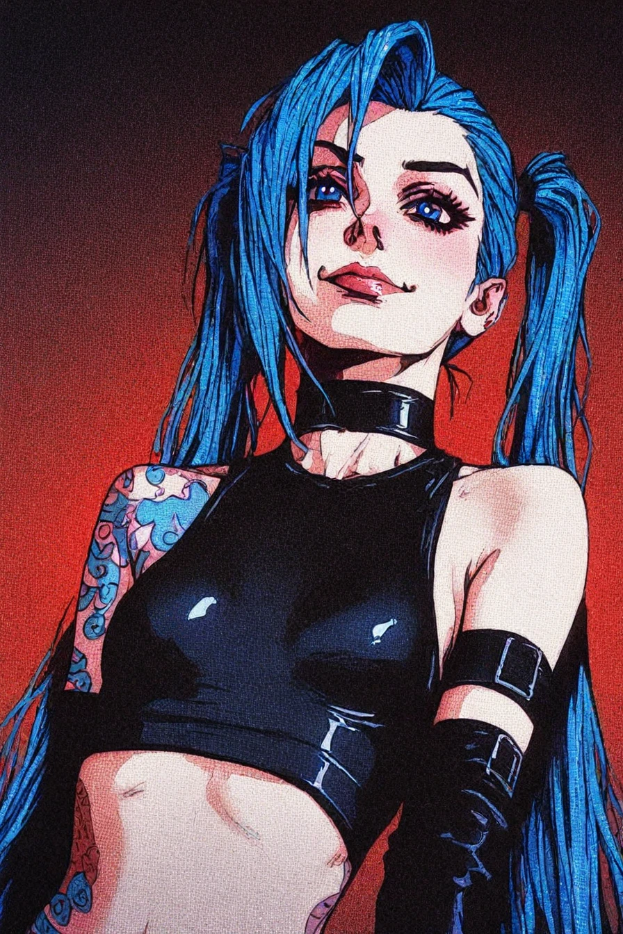 jinx, blue hair, pale skin, choker, smile, blue eyes, long blue twin pigtails, tattoo,crop top, sleeve, armbands, 1girl, solo, alone, <lora:neon_horror_noir_illustriousXL-000021:1>, neon_horror_noir_style, close-up, upper body, masterpiece, highres