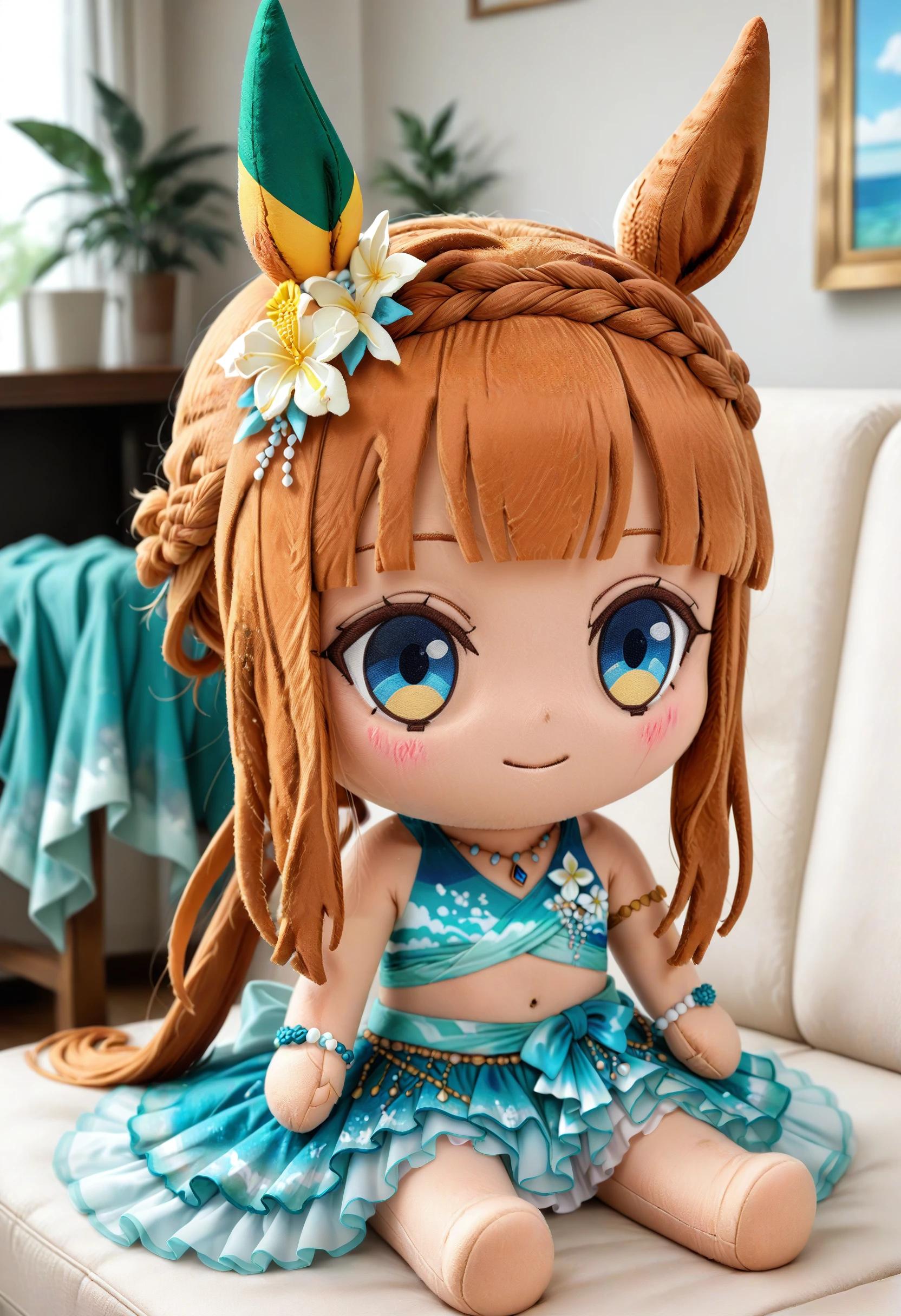 1girl, silence suzuka \(emerald on the waves\) \(umamusume\), umamusume, animal ears, blue eyes, braid, crown braid, horse ears, horse girl, long hair, official alternate hairstyle, orange hair, sidelocks, very long hair, flat chest, long sidelocks
(masterpiece:1.1), (best quality:1.1), (newest:1.1), (absurdres:1.1), (highres:1.1), solo,
character doll,chibi, sitting, full body, indoors, couch ,<lora:characterdoll_Illust_v1:0.8>