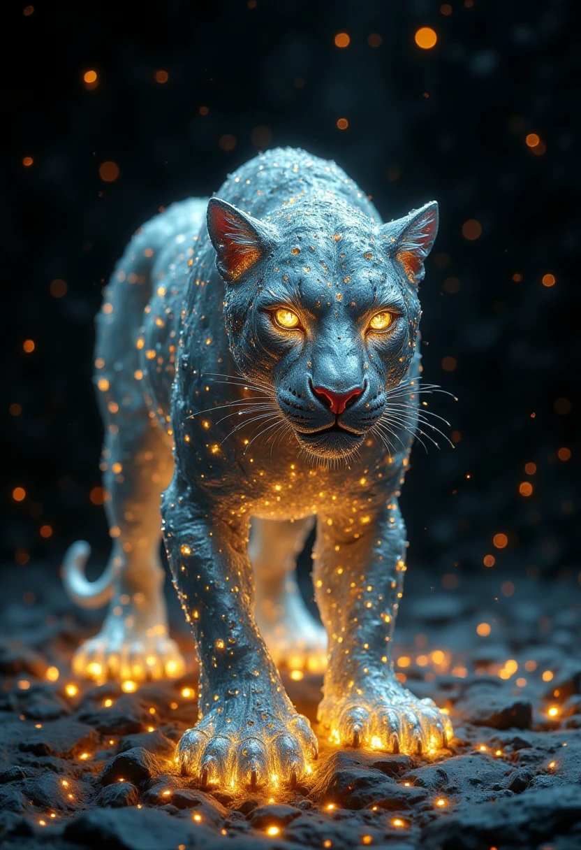 3D rendering of a silver leopard made of ice and gold, full-body view, standing on a stage, close-up shot, dark background, shimmering particles, bright light from behind, ultra-realistic details, extremely high resolution, best quality.