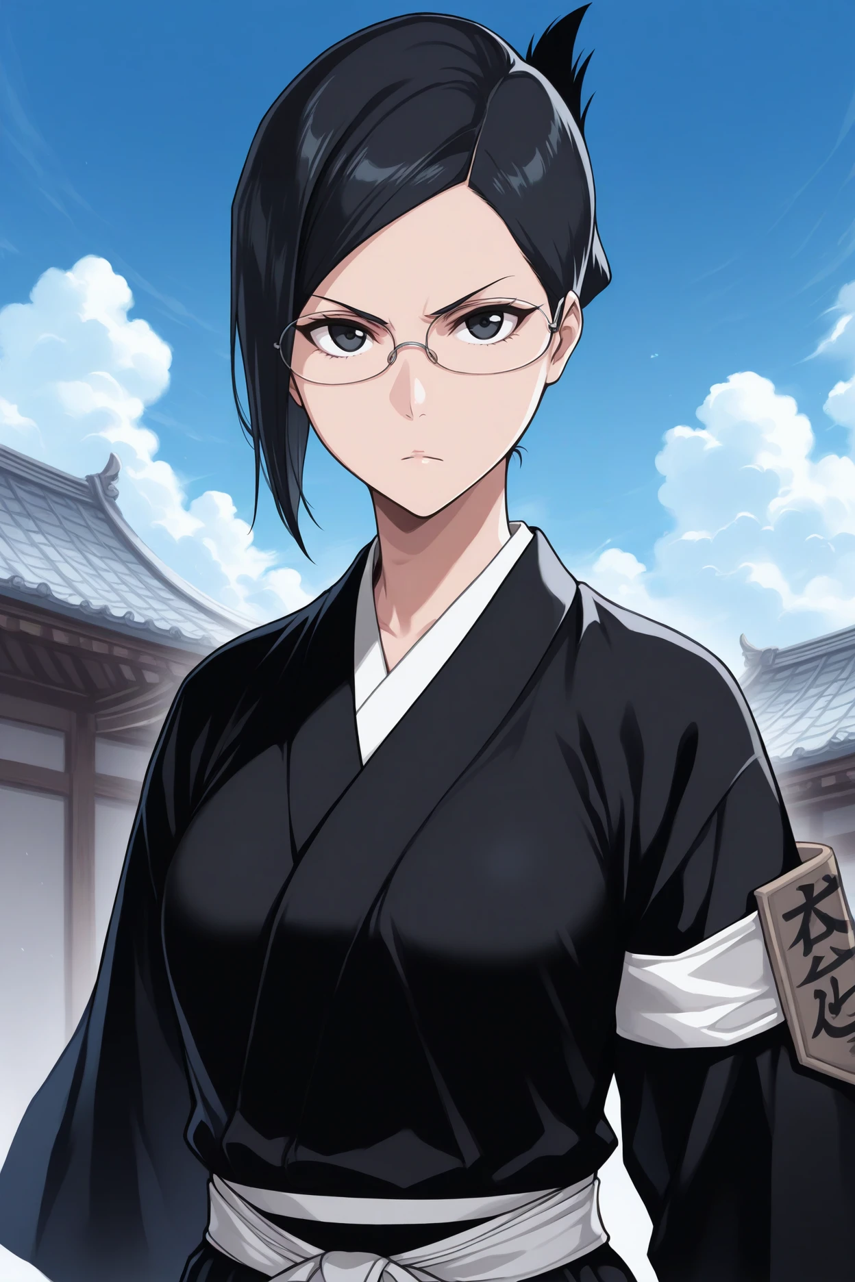 masterpiece, best quality, 1girl, solo, <lora:isenanao-illu-nvwls-v1-000005:1> blIse, black hair, folded ponytail, short hair, black eyes, glasses, black kimono, black hakama, white sash, tabi, armband, arm badge, upper body, looking at viewer, serious, blue sky, east asian architecture, clouds, breasts, facing viewer, portrait