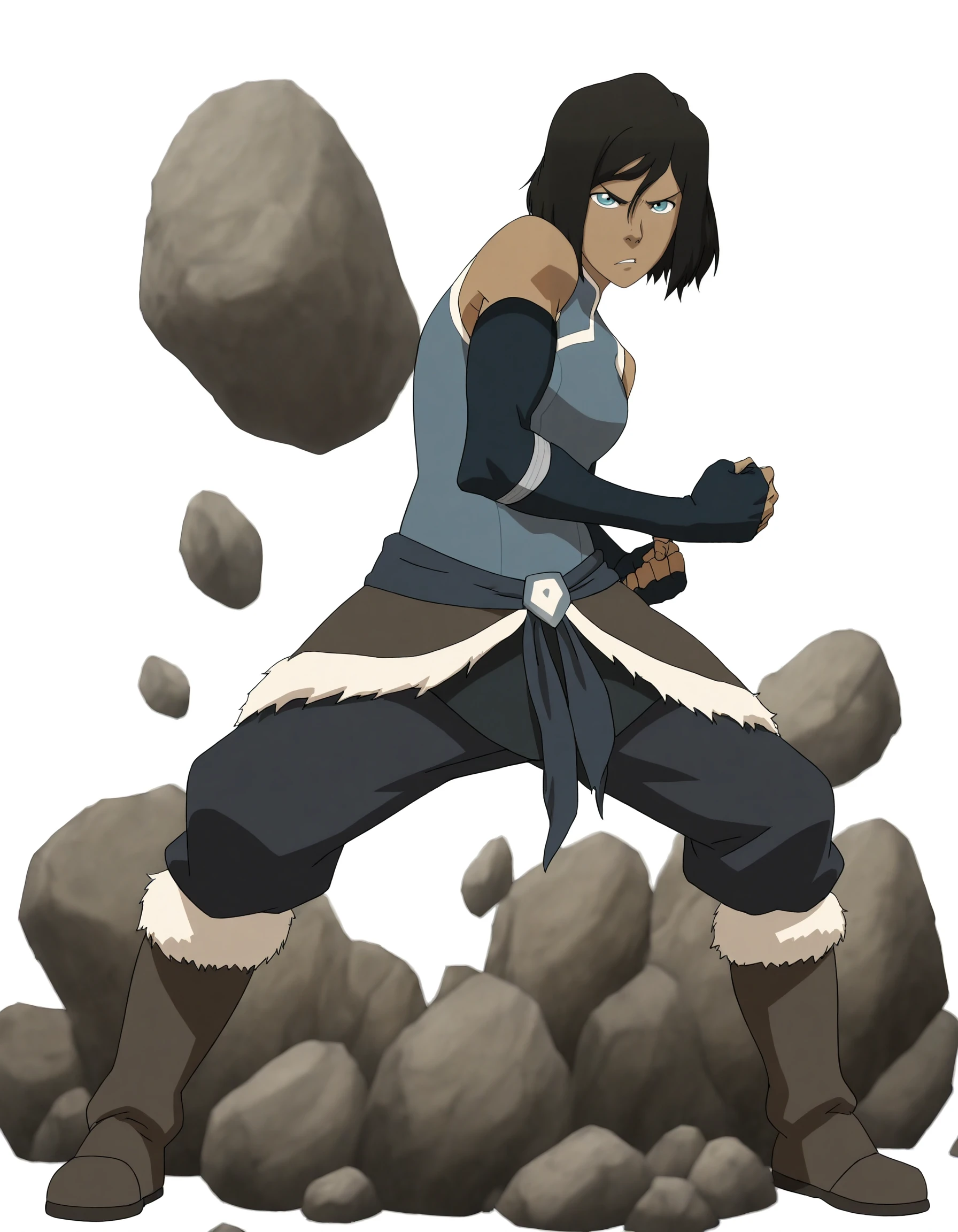 full body, solo, perfect composition, shadows, shading, <lora:anime_screencap-Illustrious:0.65> anime screencap, anime coloring, very aesthetic, absurdres, zPDXL, <lora:Pony_DetailV2.0:0.5> <lora:illustrious_quality_modifiers_masterpieces_v1:1>
<lora:KorULT:1> korra, 1girl, short hair, bangs, hair between eyes, female focus, looking at viewer, serious, fierce expression, defined lips, posing, fighting pose, bent knees, fist strike, earthbending, stones, rock throw,
toned body, adv_outfit, blue vest, elbow gloves, bare shoulders, fingerless gloves, dark_blue belt, waistcloth_2, dark blue pants, fur boots,
white background, simple background,