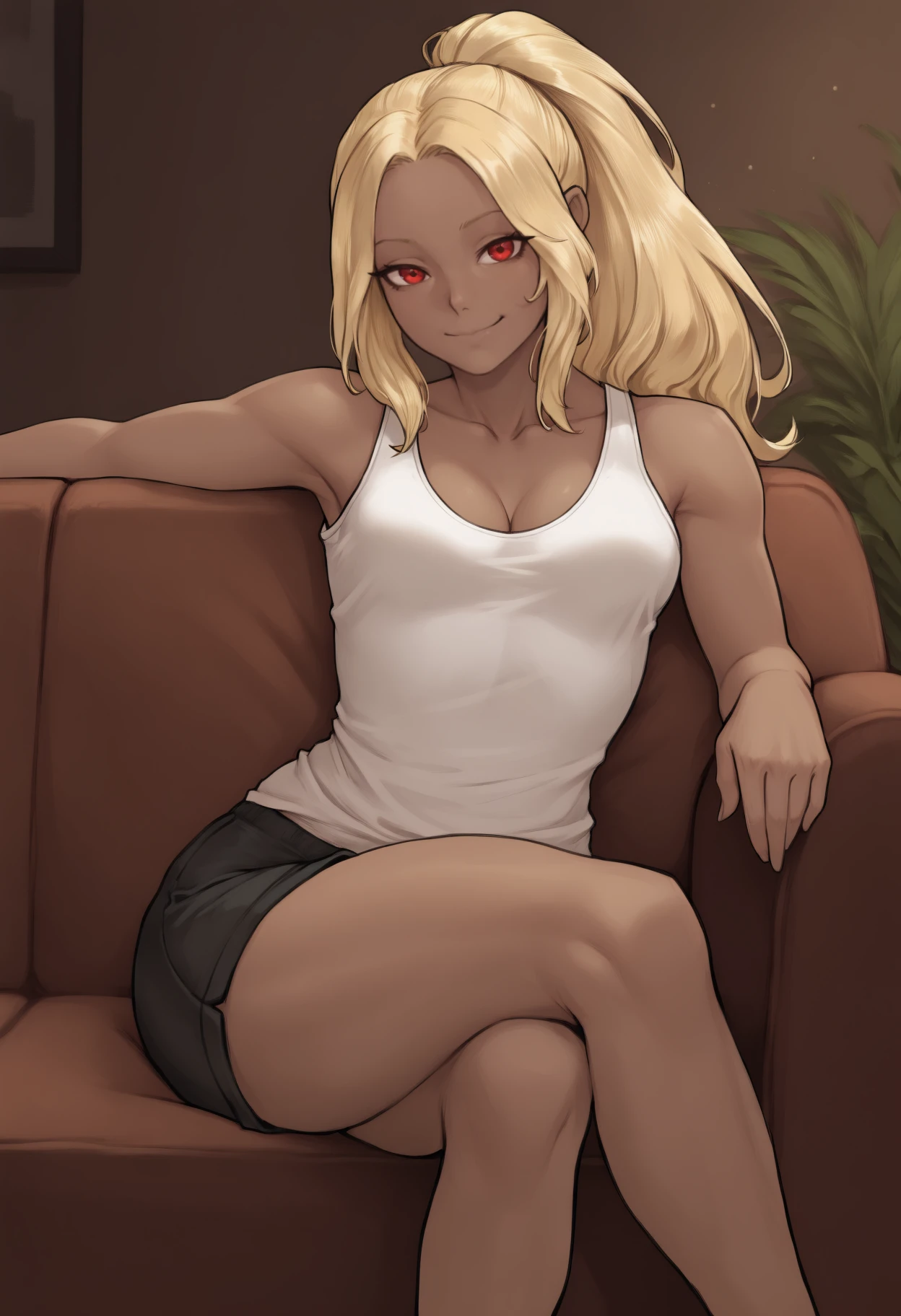 masterpiece, best quality, solo, 1girl, k4tbng, dark-skinned female, smile, looking at viewer, sitting, on couch, relaxing, crossed legs, long hair, blonde hair, ponytail, red eyes, white tank top, black shorts, short shorts, bare shoulders, cleavage, medium breasts, indoors, living room
<segment:yolo-Anzhc Face seg 640 v2 y8n.pt,0.4,0.5//cid=1>