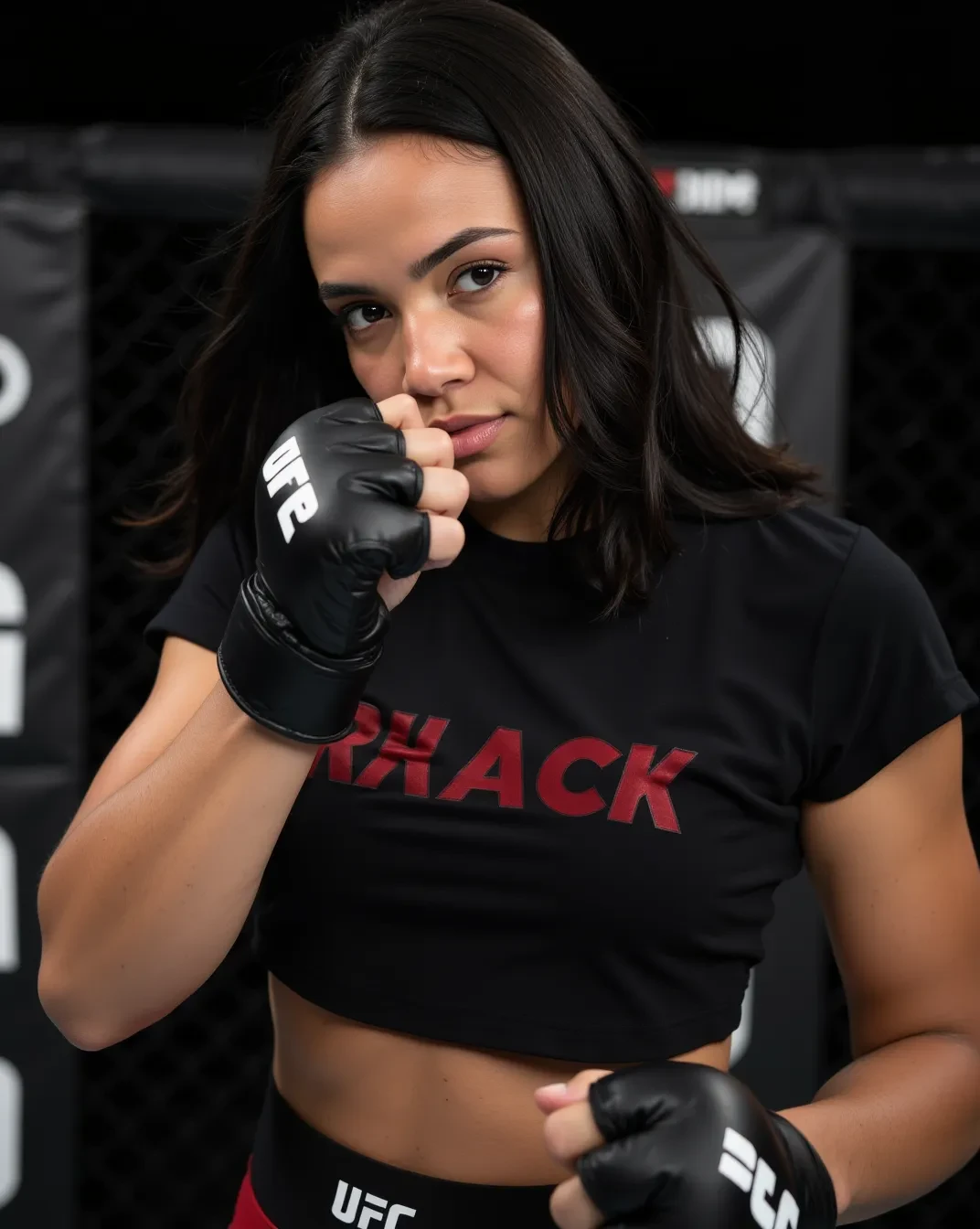 a dark sun Puerto Rican female, dimples, braces, extremely long medium messy black straight hair with perfect slicked edges, butterfly arm tattoo,, with a chain that says “Dynasty” , wearing a grey and black and purple workout outfit that says Raiders, inside of a luxurious & high tech gym with modern equipment, the walls are black with the raiders branding and she is doing squats