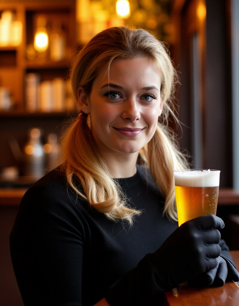 <lora:Sydney_Barrett:0.9> sydney barrett , 1girl, blonde hair, long hair, twintails, blue eyes, gloves. She holds a beer in a pub