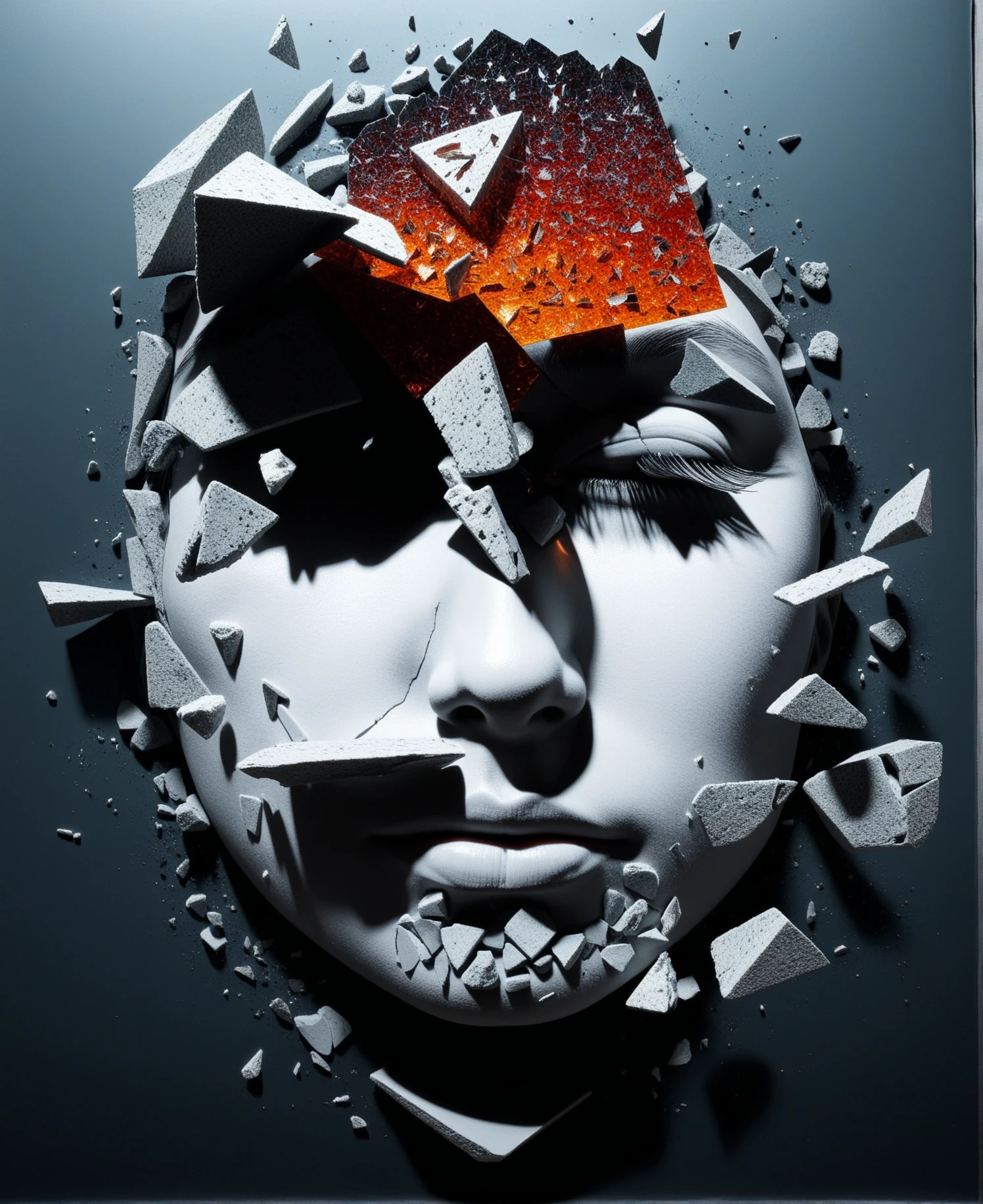 A 3D render of an abstract and surrealist portrait of a face in a state of disintegration or transformation. The face is composed of small, fragmented pieces, resembling shards of glass or broken stone, each piece holding a unique texture and shade. The pieces are dispersed throughout the image, with some clinging to the face and others floating in the surrounding space. The monochromatic color palette, predominantly in shades of gray, gives the image a somber and mysterious aura, reflecting the complex emotions and inner turmoil of the subject. <lora:Positive_Astigmatism_0.6_SDXL-000009:0.5> <lora:Astigmatism_0.5b:0.2> <lora:Astigmatism_-0.5b:-0.7>