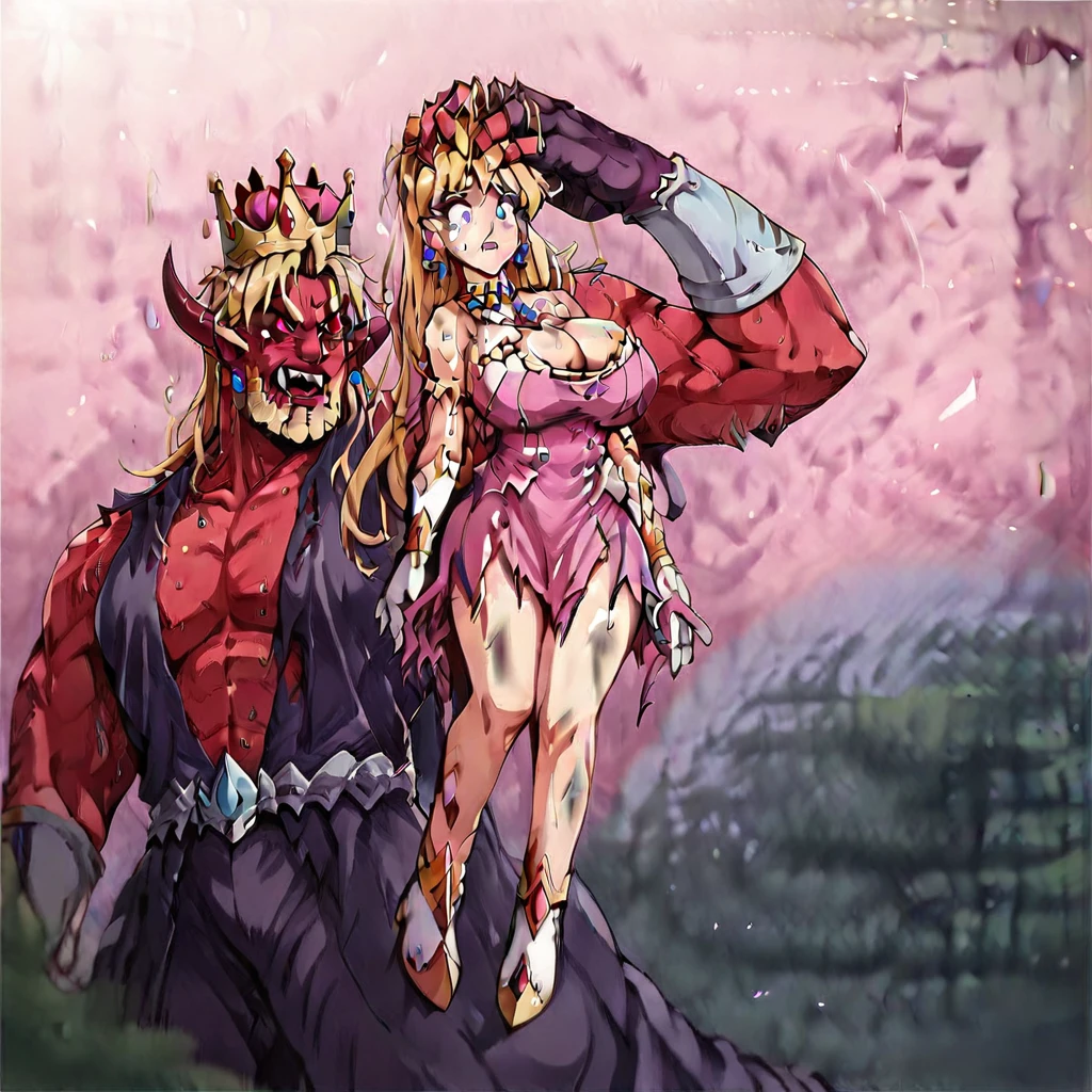 Score_9, score_8_up, score_7_up, v1ct0ry, hold by head, head grab, legs off ground, legs dangling, arms dangling, full body view, 1girl, solo, torn clothes, 1girl, 1boy, breasts, blonde hair, torn clothes, blue eyes, muscular, long hair, colored skin, large breasts, red skin, jewelry, horns, earrings, dress, cleavage, gloves, tears, crown, open mouth, muscular male, fangs, torn dress, facial hair