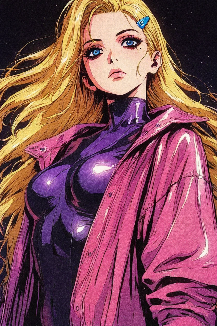 fuurinji miu, blonde hair, long hair, blue eyes, mole under right eyes, slim waist, large breast, pink jacket, purple bodysuit, bright bodysuit, bright, hairclip, 1girl, solo, alone, <lora:neon_horror_noir_illustriousXL-000021:1>, neon_horror_noir_style, close-up, masterpiece, highres