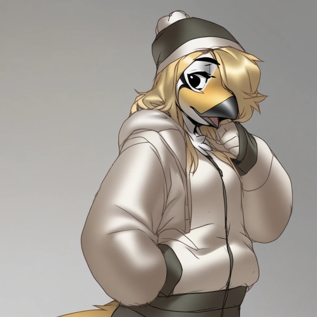 score_9, score_8_up, score_7_up, (by jailbird:1.5), (by kittydee:1.5), (by zummeng:1.5), masterpiece, best quality, (Furry Art: great tit:1.5), expressive eyes, feminine eyes, <lora:beautiful_detailed_eyes:1>, perfect face, feminine face, feminine body, black beak, multicolored body, yellow body, black colored down middle of body, black head, white cheeks, (blonde hair:1.5), (long hair), (one eye covered by hair), small breasts, (bomber jacket:1.5), (t-shirt:1), (googles),