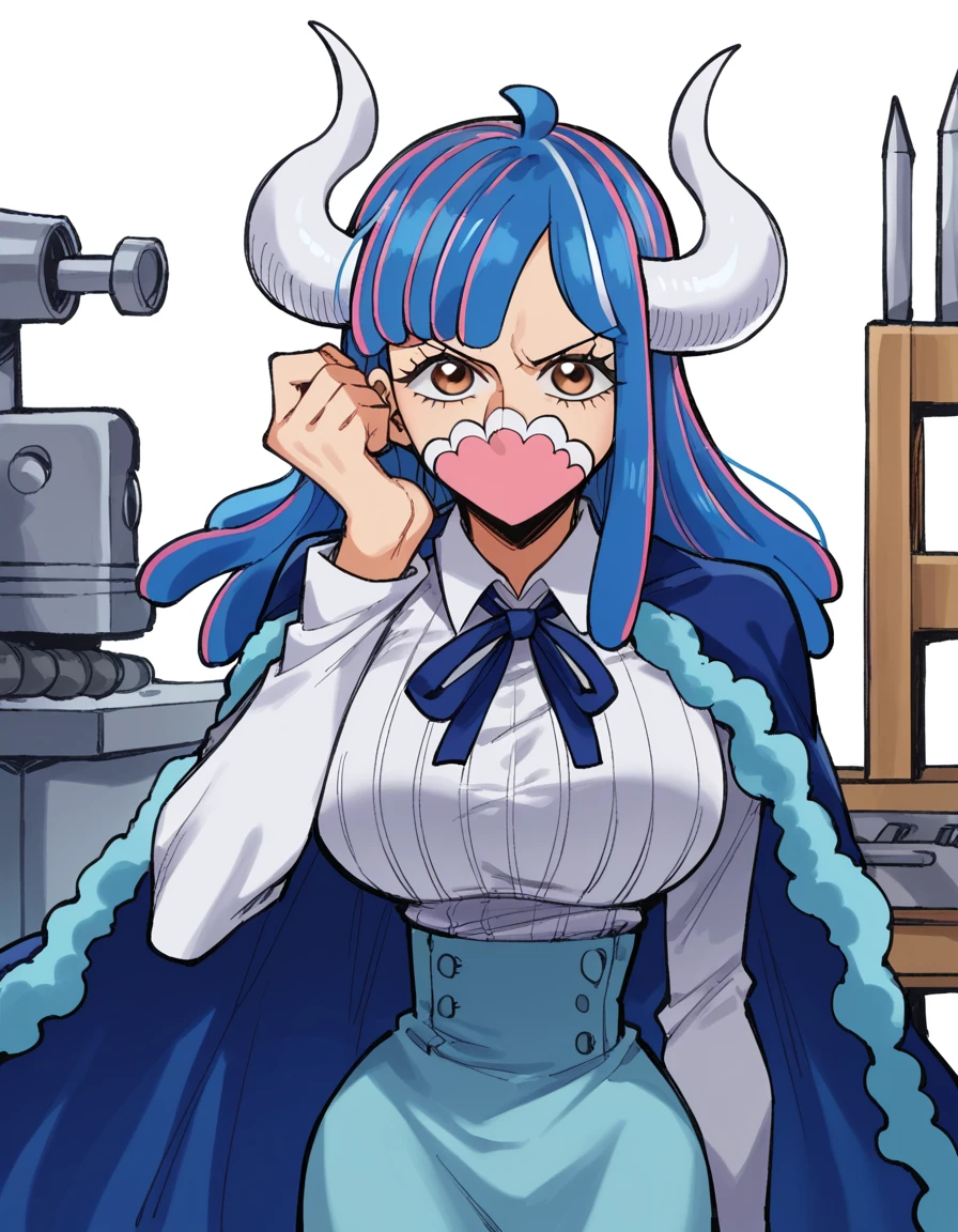 score_9, score_8_up, score_7_up, source_anime, <lora:one-piece-ulti-ponyxl-lora-nochekaiser:1>, ulti, ulti (one piece), blue hair, brown eyes, curled horns, horns, large breasts, multicolored hair, mouth mask, pink mask, two-tone hair,, bluecape, buttons, cape, collared shirt, high-waist skirt, ribbed shirt, skirt, ribbon, blue ribbon,, workshop, tools, workbench, projects, machinery, smile, head rest, smug, looking at viewer, solo,, cowboy shot, solo