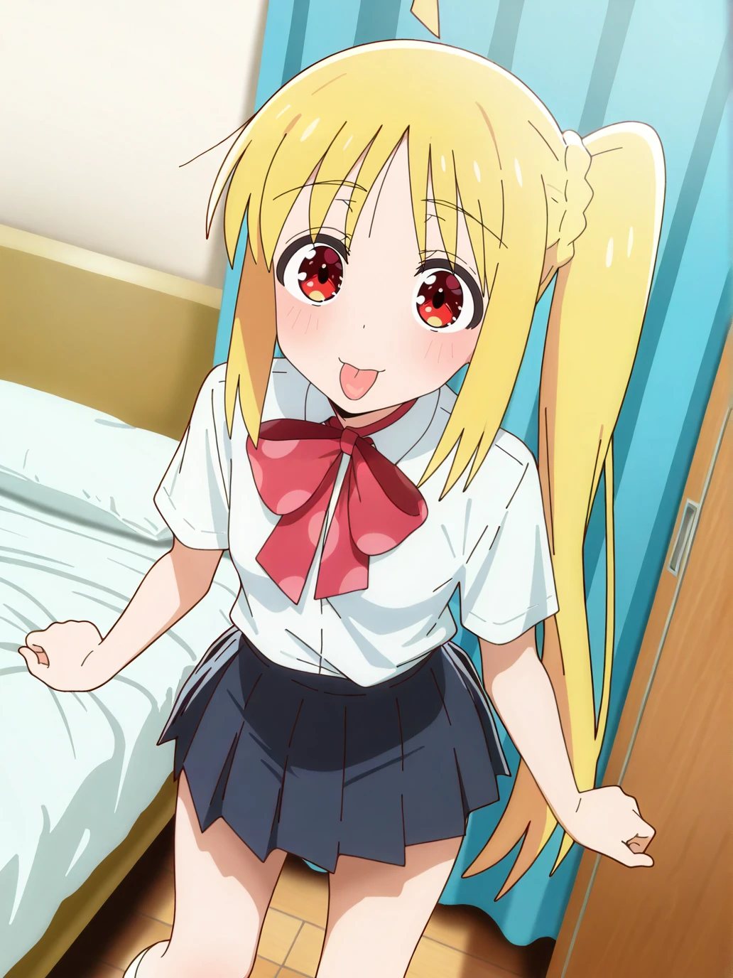 sara, 1girl, solo, twintails, looking at viewer, blush, hair ornament,white shirt, neck ribbon,hair flower, wariza, on bed,spread legs,smile,in house,upper body, ,master piece,best quality, <lora:SDXL_sara_HenjinnoSaladBowl_animazine3:1>