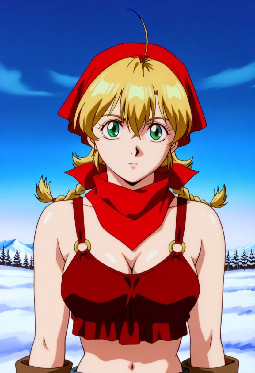 official art, masterpiece, best quality, absurdres, very aesthetic, 1girl, female focus, solo, AWGXS, anime screenshot, retro artstyle,1990s (style), cel animation, anime coloring, 1girl, female focus, solo, mana_utm, twin braids, blonde hair, flipped hair, ahoge, red bandana, bare shoulders, red crop top, o-ring top, cleavage, navel, gloves, brown gloves, upper body, standing, looking at viewer, outdoors, snow, day,