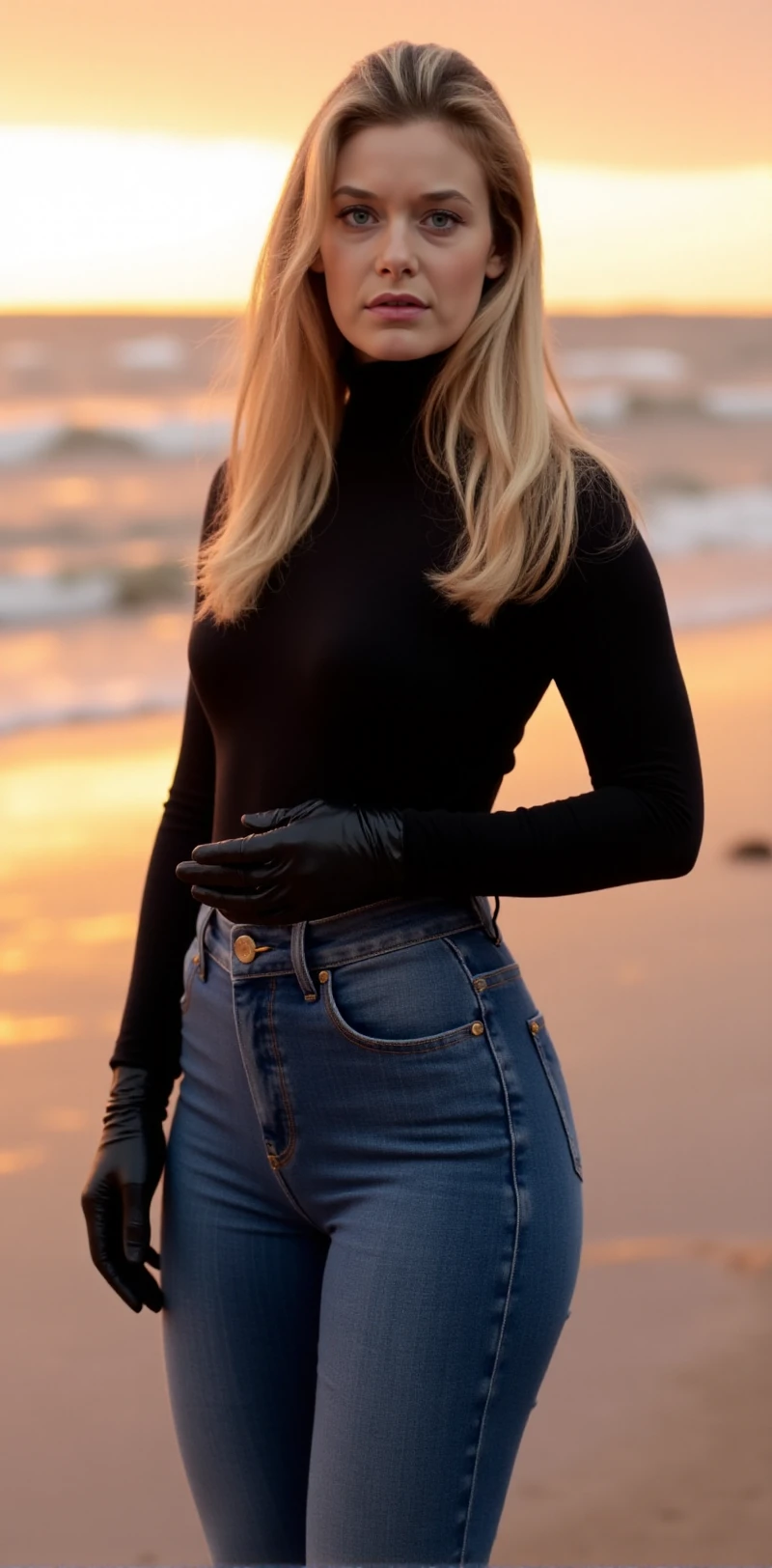 <lora:Sydney_Barrett:0.9> sydney barrett , 1girl, blonde hair, long hair, blue eyes. She wears a black turtleneck and tight jeans and gloves and higheels. She poses on the beach at sunset