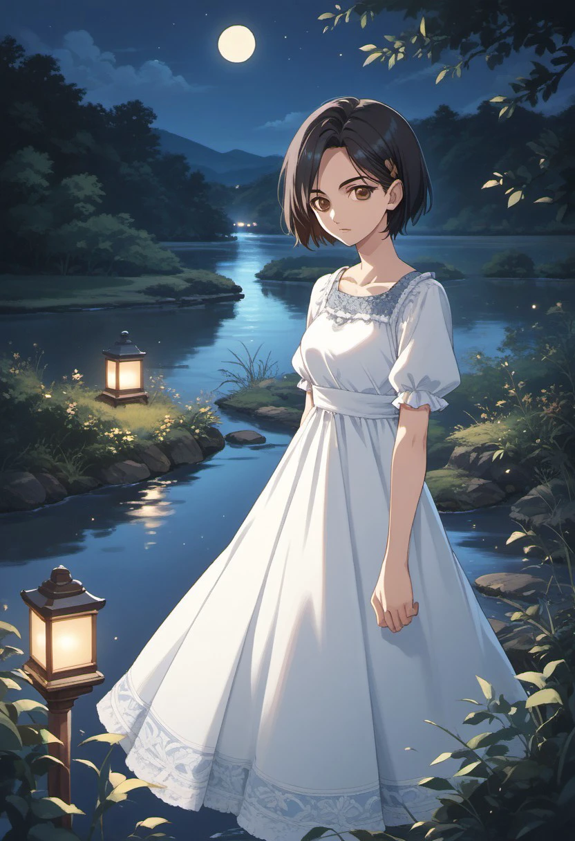 score_9, score_8_up, score_7_up, source_anime, rinwell, short hair, black hair, brown eyes,, 1girl, solo, dress, night, river