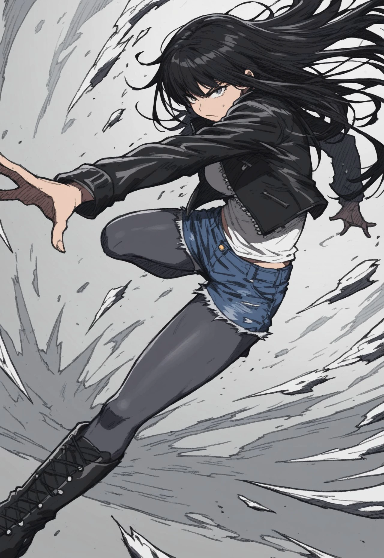 score_9, score_8_up, score_7_up, score_6_up, BREAK
,s1_dram, broken glass, glowing eyes, powerful aura, dark room, floating broken shards of glass, powerful stance, ,Aura, angry, fists, cleavege ,Aura ,((((lightskin girl, young, low cut shirt, jean shorts, pantyhose, leather boots, leather jacket, power stance, cinematography, bangs, ironed straight hair, long hair, black hair))))Riders, shading