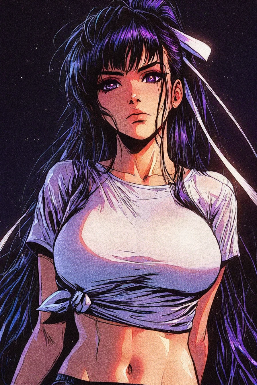 looking at the viewer, asymmetrical clothes, navel, purple eyes, very long hair, tied shirt, midriff, hair ribbon, white shirt, ponytail, black hair, large breasts, white ribbon, purple hair, 1girl, solo, alone, <lora:neon_horror_noir_illustriousXL-000021:1>, neon_horror_noir_style, close-up, masterpiece, highres