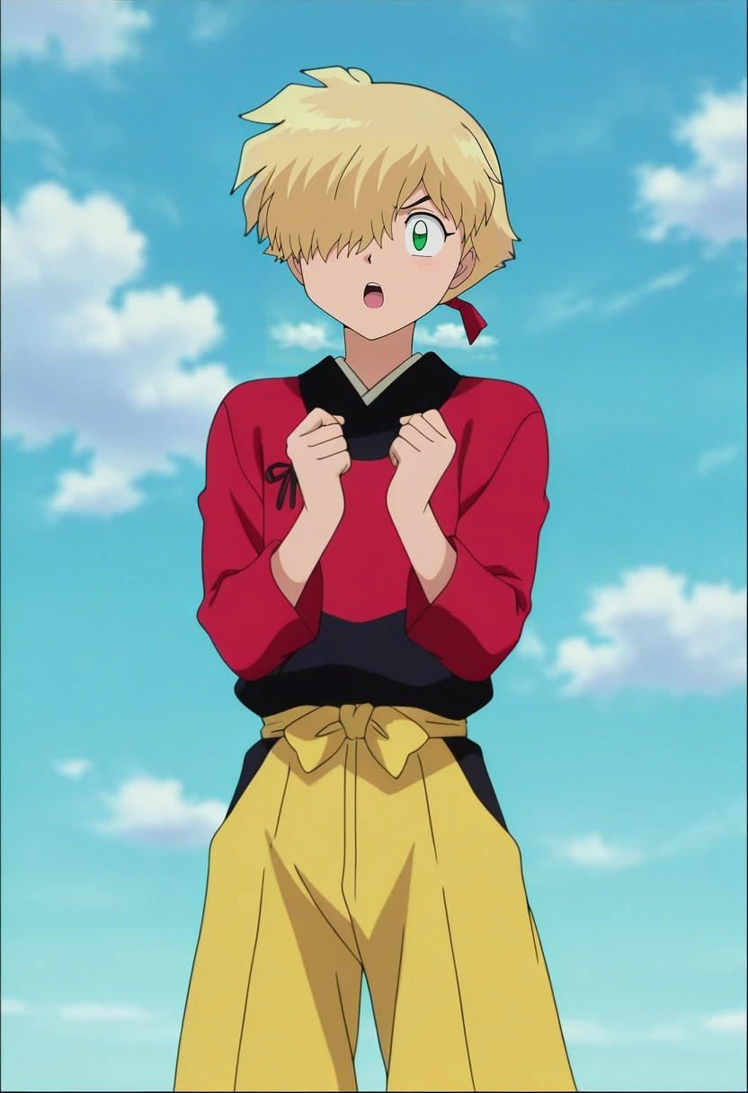 masterpiece, best quality, anime screencap, anime coloring, official style, , , 1boy, male focus, <lora:yukio_hans_vorarlberna_ilxl:0.75>, yukio_hans_vorarlberna, blonde hair, green eyes, short hair, hair over one eye, solo, sky carnival, cloud rides, wind swings, misty games, joyful pose, exhilarated expression, bright day, <lora:inuyasha_style_ilxl:1>, inuyasha_style,