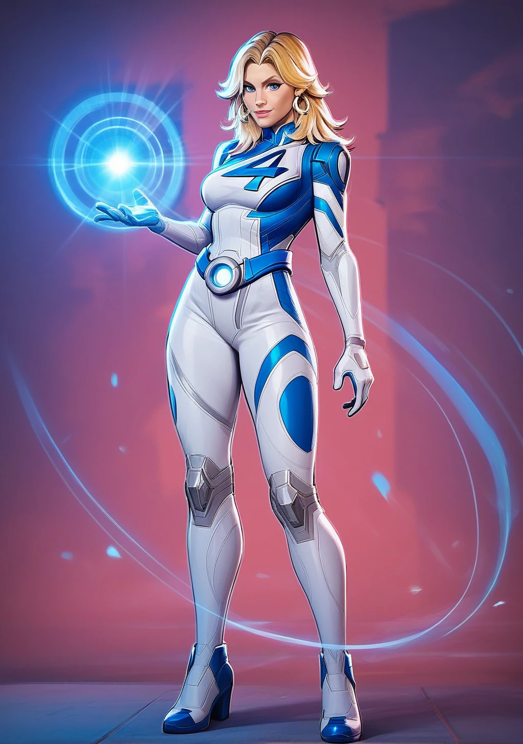 score_9, score_8_up, score_7_up, score_6_up, score_5_up, score_4_up, masterpiece, high quality, BREAK, full body, BREAK, <lora:Susan_Storm__Invisible_woman_Marvel_Rivals_Pony:0.8> sue storm (marvel rivals), susan storm, sue storm, blue outfit, earrings, blue eyes, "4" symbol, blonde hair,