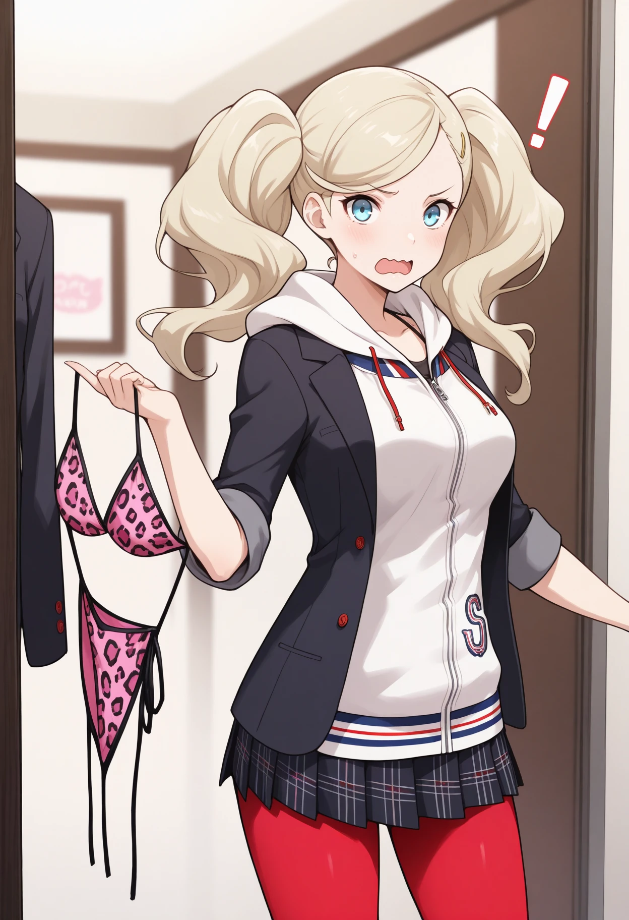 masterpiece, best quality, 1girl, solo, open mouth, wavy mouth, !, holding swimsuit, looking at viewer, <lora:AnnP5df-illu:1> dfAnn, blonde hair, twintails, swept bangs, hairclip, blue eyes, medium breasts, school uniform, white hoodie, black blazer, open blazer, sleeves rolled up, plaid skirt, pleated skirt, red pantyhose, unworn swimsuit, leopard print bikini, pink bikini, shop, indoors