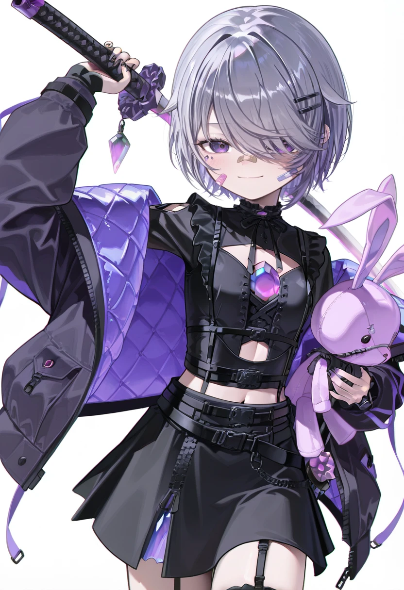 KosekiBijouCODE81800, 1girl, bandaid on face, grey hair, sword, bandaid, solo, purple eyes, black nails, hair over one eye, jacket, weapon, short hair, holding, hair ornament, skirt, smile, black skirt, looking at viewer, hairclip, black jacket, purple gemstone, gem, holding sword, belt, open jacket, navel, holding weapon, bandaid on nose, open clothes, white background, breasts, nail polish, purple nails, small breasts, bandaid on cheek, katana, clothing cutout, crystal, purple hair, long sleeves, stuffed rabbit, stuffed toy, pink gemstone, purple jacket, off shoulder, blush, black shirt, garter straps