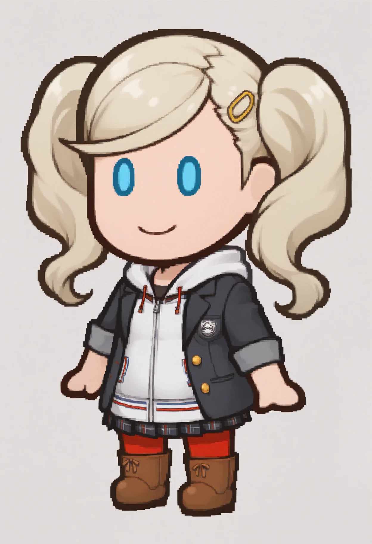 masterpiece, best quality, 1girl, solo, smile, <lora:PM-TTYD-Sprites-illus_Fp:1> chibi, simple background, full body, solid oval eyes, <lora:AnnP5df-illu:1> dfAnn, blonde hair, twintails, swept bangs, hairclip, blue eyes, school uniform, white hoodie, black blazer, open blazer, sleeves rolled up, plaid skirt, pleated skirt, red pantyhose, boots, brown footwear