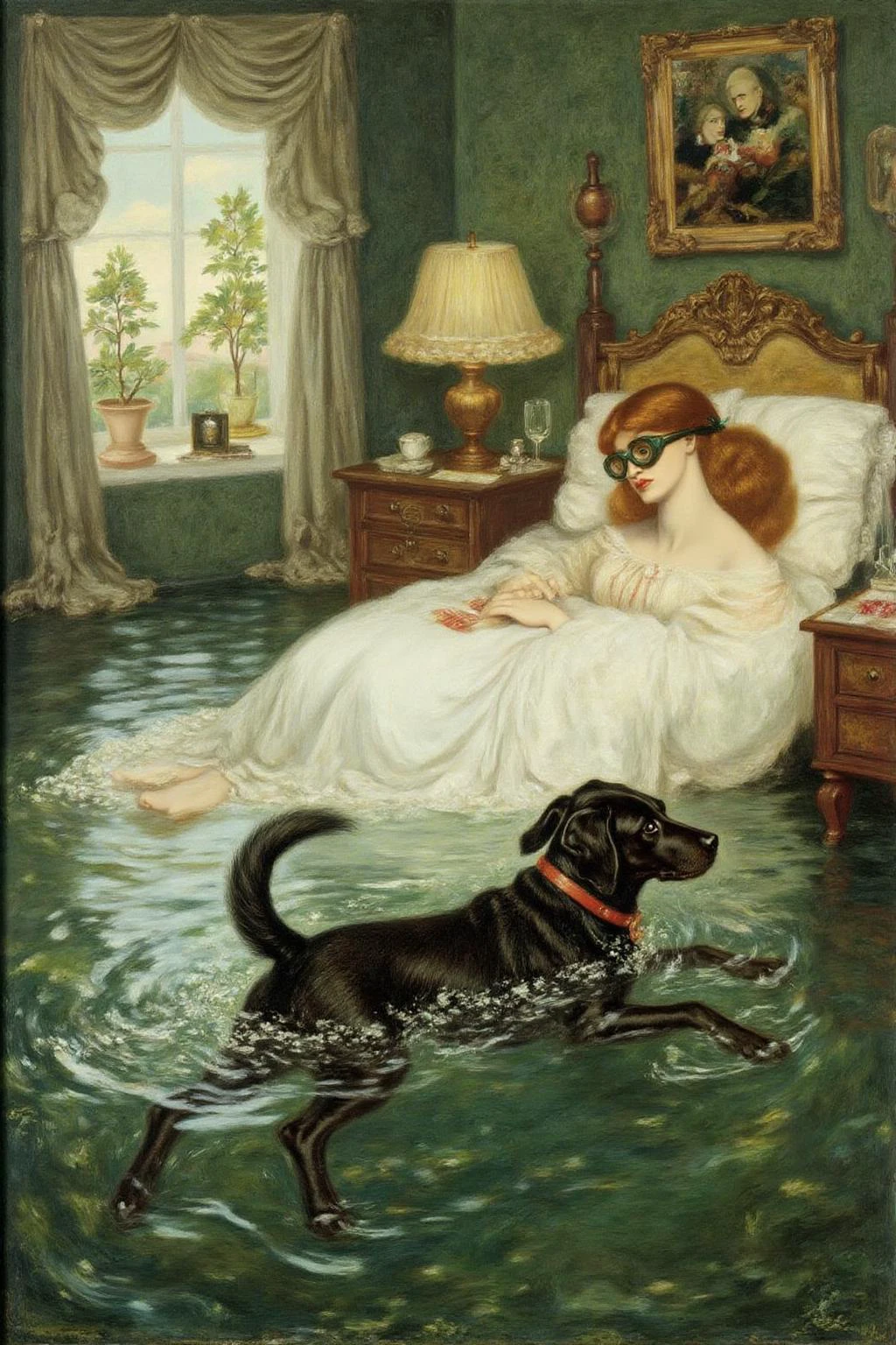 dgr painting.
A late 19th-century Victorian era scene inside elegant room.
a woman and her dog swimming in a bedroom completely filled with water. The room's furniture, including a bed, nightstand, and lamp, is all submerged, creating an otherworldly underwater environment. The woman, wearing goggles, her head half submerged, with her hair floating freely in the water, moves gracefully as she glides past the submerged bed, her dog swimming energetically by her side. The dog's tail wags as it paddles through the water, clearly enjoying this unexpected adventure. Soft light filters through the water, casting gentle ripples and reflections across the room, adding to the dreamlike atmosphere of the scene
<lora:dgr1_cap_d6a3e8:1.0><lora:819488114071329213:0>