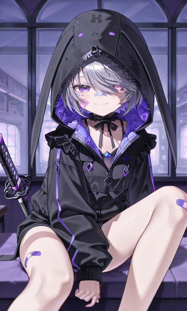 KosekiBijouCODE81800, bandaid on face, animal hood, purple eyes, bandaid, solo, hood, sword, rabbit hood, 1girl, katana, short hair, hood up, bandaid on cheek, weapon, indoors, smile, animal ears, bandaid on nose, black jacket, rabbit ears, grey hair, jacket, window, heterochromia, choker, black hoodie, looking at viewer, ribbon, hoodie, purple hair, hair over one eye, hooded jacket, frilled choker