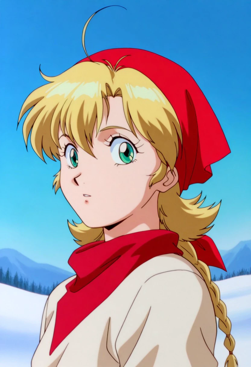 official art, masterpiece, best quality, absurdres, very aesthetic, 1girl, female focus, solo, AWGXS, anime screenshot, retro artstyle,1990s (style), cel animation, anime coloring, 1girl, female focus, solo, mana_utm, twin braids, blonde hair, flipped hair, ahoge, red bandana, portrait, standing, looking at viewer, outdoors, snow, day,