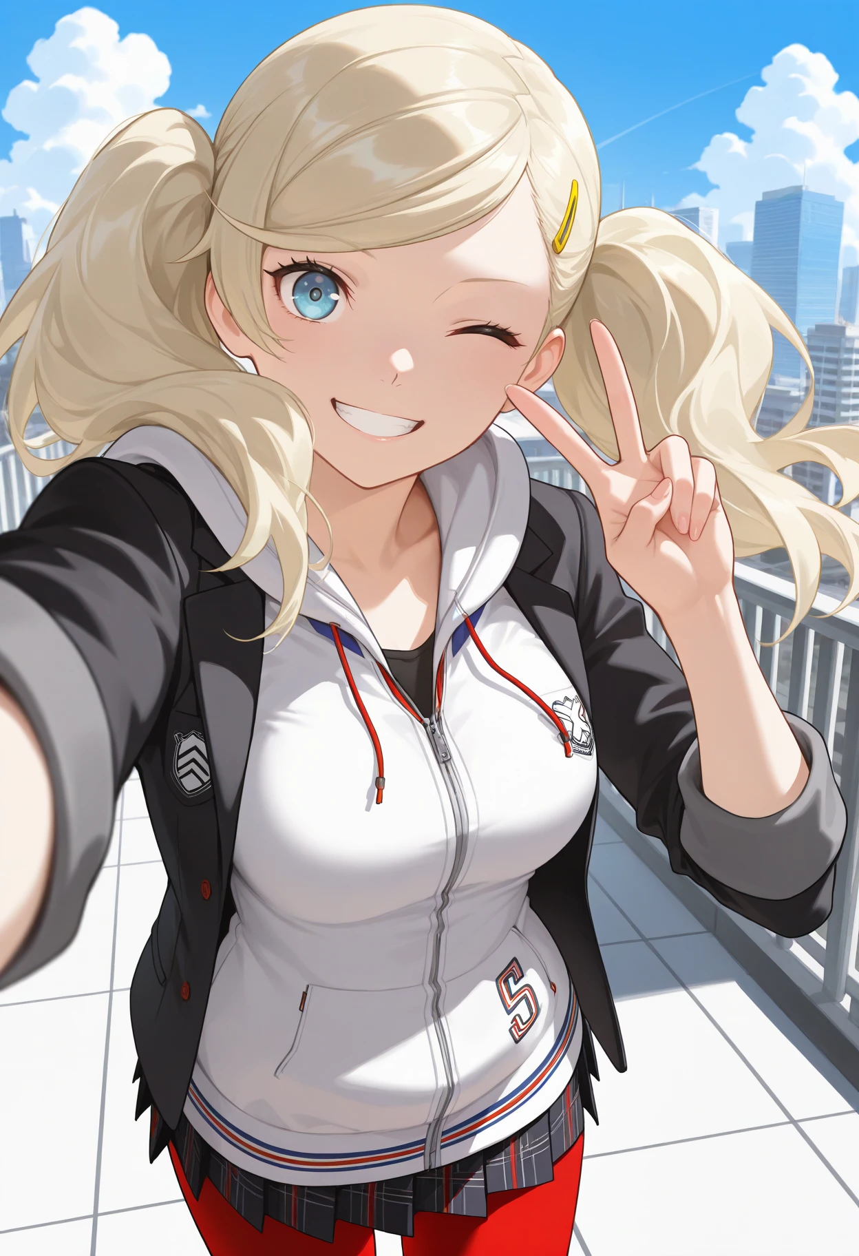masterpiece, best quality, 1girl, looking at viewer, grin, one eye closed, v, selfie, <lora:AnnP5df-illu:1> dfAnn, blonde hair, twintails, swept bangs, hairclip, blue eyes, medium breasts, school uniform, white hoodie, black blazer, open blazer, sleeves rolled up, plaid skirt, pleated skirt, red pantyhose, city, blue sky, cloud