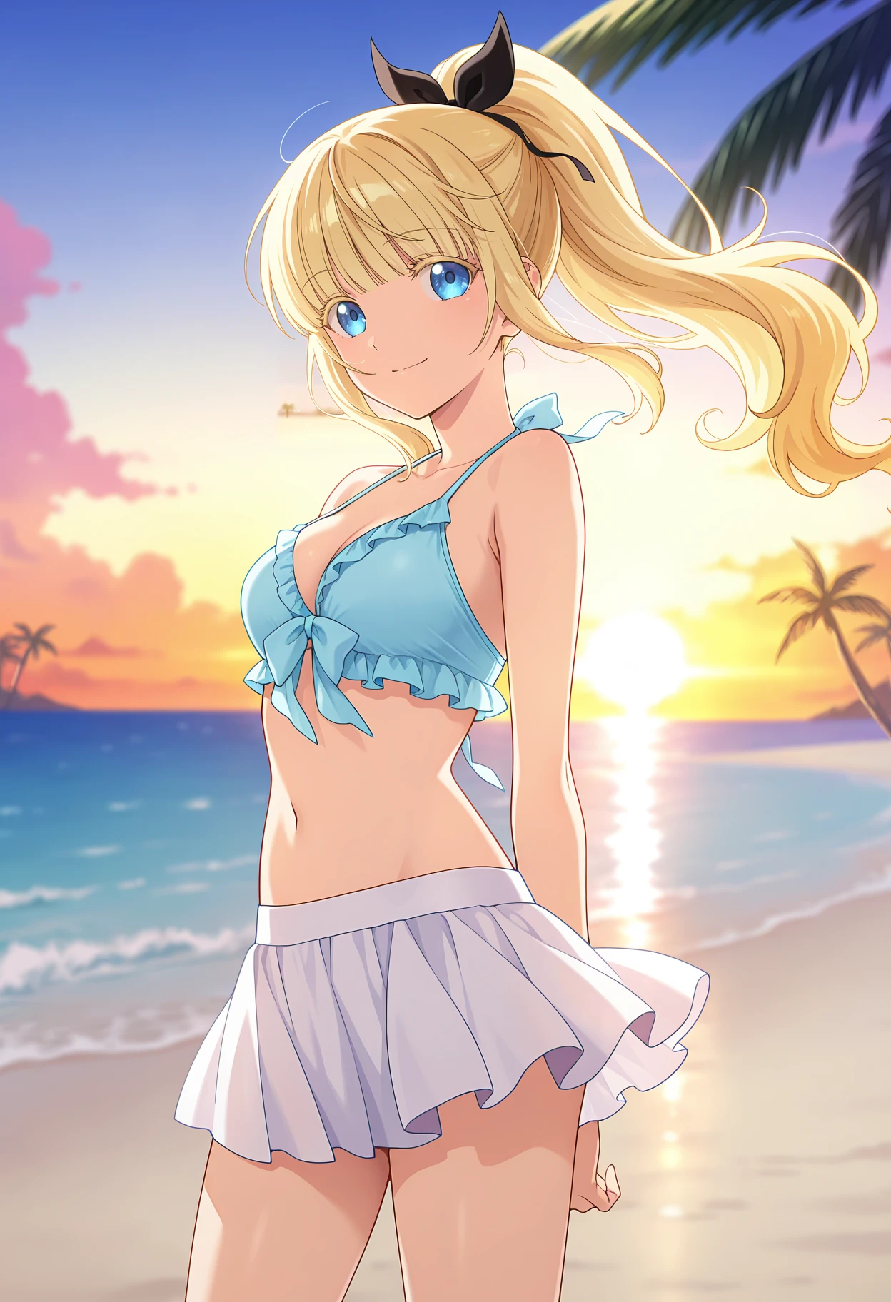 Persona3Fuuka, ((fuukap3, skirt, long hair, blunt long bangs:1.5, side locks)), ((high twintails:1.3)), thin twintails, hair ribbon, rating explicit, anime coloring, (best quality:1.2), (masterpiece:1.2), top-quality, delicate features, delicate skin, RAW photo, (photorealistic:1.4), high resolution, high-level image quality, 8k, Real live-action, realistic, film grain, realism, sharp focus, beautiful lighting, ((1girl)), perfect face, perfect eyes, (symmetrical clear eyes:1.3), detailed hair, outfit perfect, beautiful breasts, perfect body, perfect anatomy, perfect chest, perfect hips, perfect legs and feet, perfect hands, perfect fingers, (beautiful breast), ((large breasts:1.2)), (Colossal tits:1.2), (small nipple:1.1), beautiful thigh, beautiful legs, curvy body, Attractive body, Voluptuous body, Attractive legs, ultra detailed eyes, Erotic, Pupils, sexy pose, dynamic pose, dynamic background, (shiny skin:1.2), ((oily skin:1.3)), ultra detailed clothing, pretty, cute, blush, (light smile:1.4), (perfect proportions), (sweat-soaked body), white bra and panties, shiny body, BREAK, outdoors beech, ocean, blue sky. sensual look, 1 cute girl, ((close to viewer)), (face), intricate, hyper-detailed, 100-layer, amazing quality, standing, arms behind back, ((facing the front, straight-on:1.5)), ((face focus)), front view, blowing in the wind, flutter, absurdres, looking at viewer,