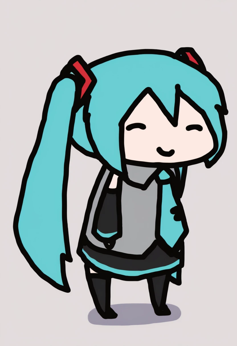 chibi, masterpiece, best quality, <break> full body, solo, 1girl, hatsune miku, smile, standing, aqua hair, twintails, grey shirt, sleeveless shirt, aqua necktie, black sleeves, detached sleeves, black skirt, black thighhighs
