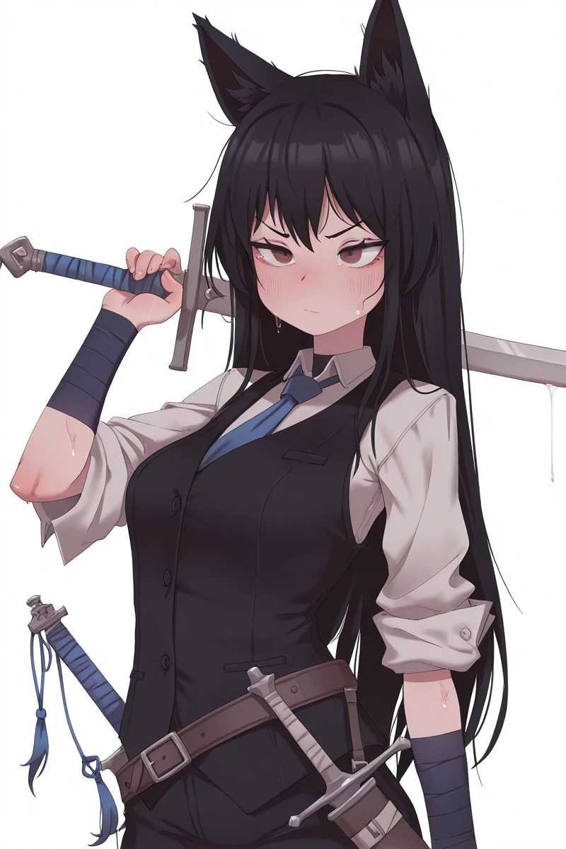 Anime girl with black hair and black cat ears holding a sword - SeaArt AI