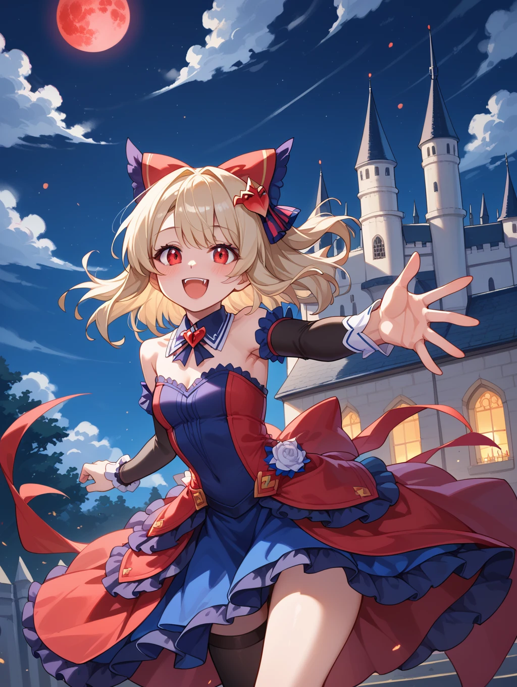score_9, score_8_up, score_7_up,source_anime,
1girl, theresa apocalypse, sleeveless gown, detached sleeves, hair ornament, hair bow, asymmetrical legwear, detached collar, (beckoning, reaching, blush, happy), night sky, cowboy shot, red moon, cloud, castle, outdoors, bat \(animal\), depth of field
