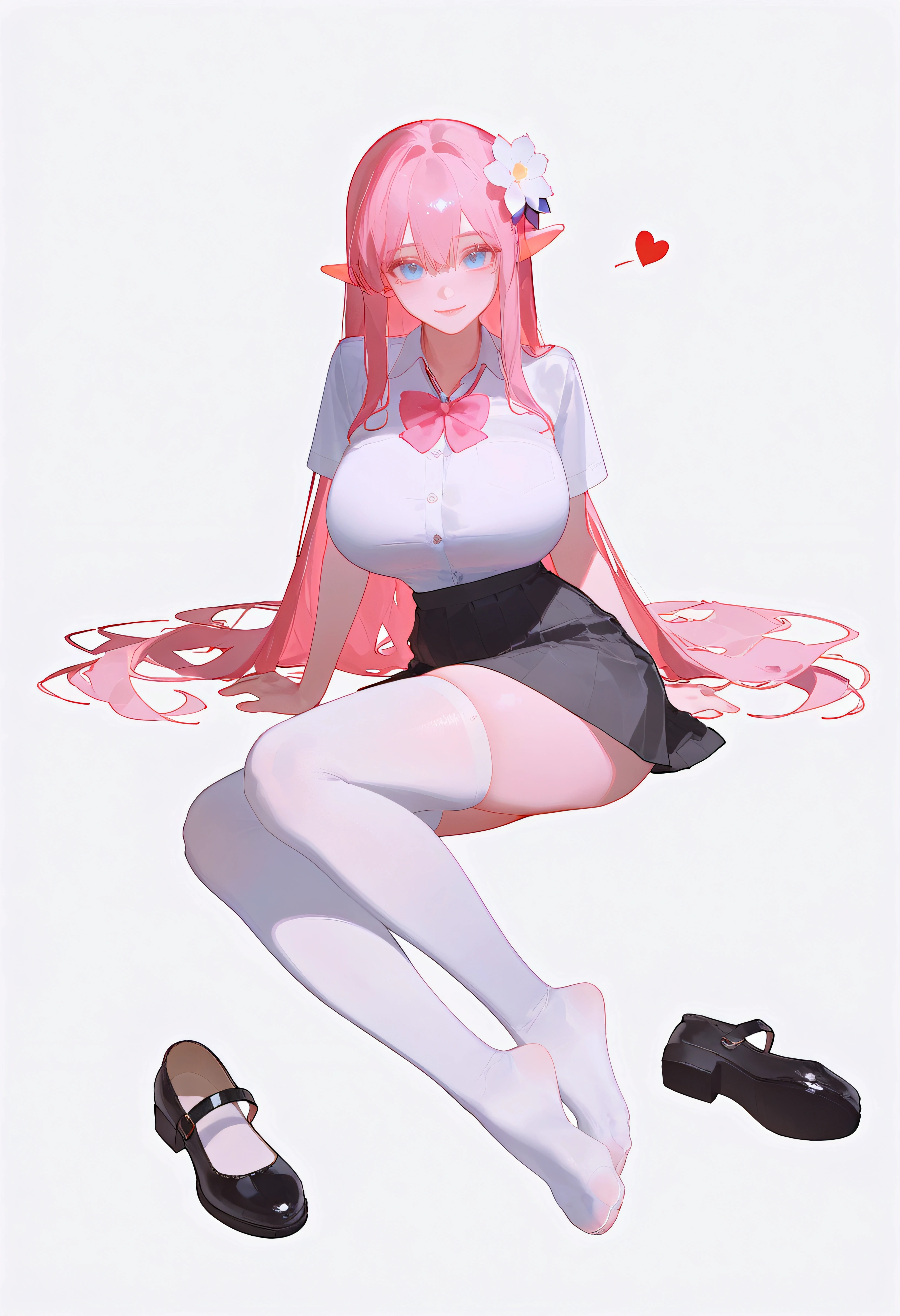 (ciloranko), reoen, sho \(sho lwlw\), ningen name, eonsang, nyantcha, ask \(askzy\), nyalia, 1girl, alternate costume, arm support, black footwear, black skirt, blue eyes, bow, bowtie, breasts, closed mouth, elf, flower, full body, hair flower, hair ornament, hair spread out, heart, long hair, looking at viewer, mary janes, no shoes, pink bow, pink bowtie, pink hair, pointy ears, school uniform, shirt, shoes, short sleeves, simple background, sitting, skirt, smile, solo, thighhighs, unworn shoes, very long hair, white background, white flower, white shirt, white thighhighs, (aged up: 1.2), (skinny: 1.2), long legs, (narrow waist), (huge breasts), wide hips, masterpiece, best quality, amazing quality, very aesthetic, absurdres photorealistic, realistic, modern, recent, newest