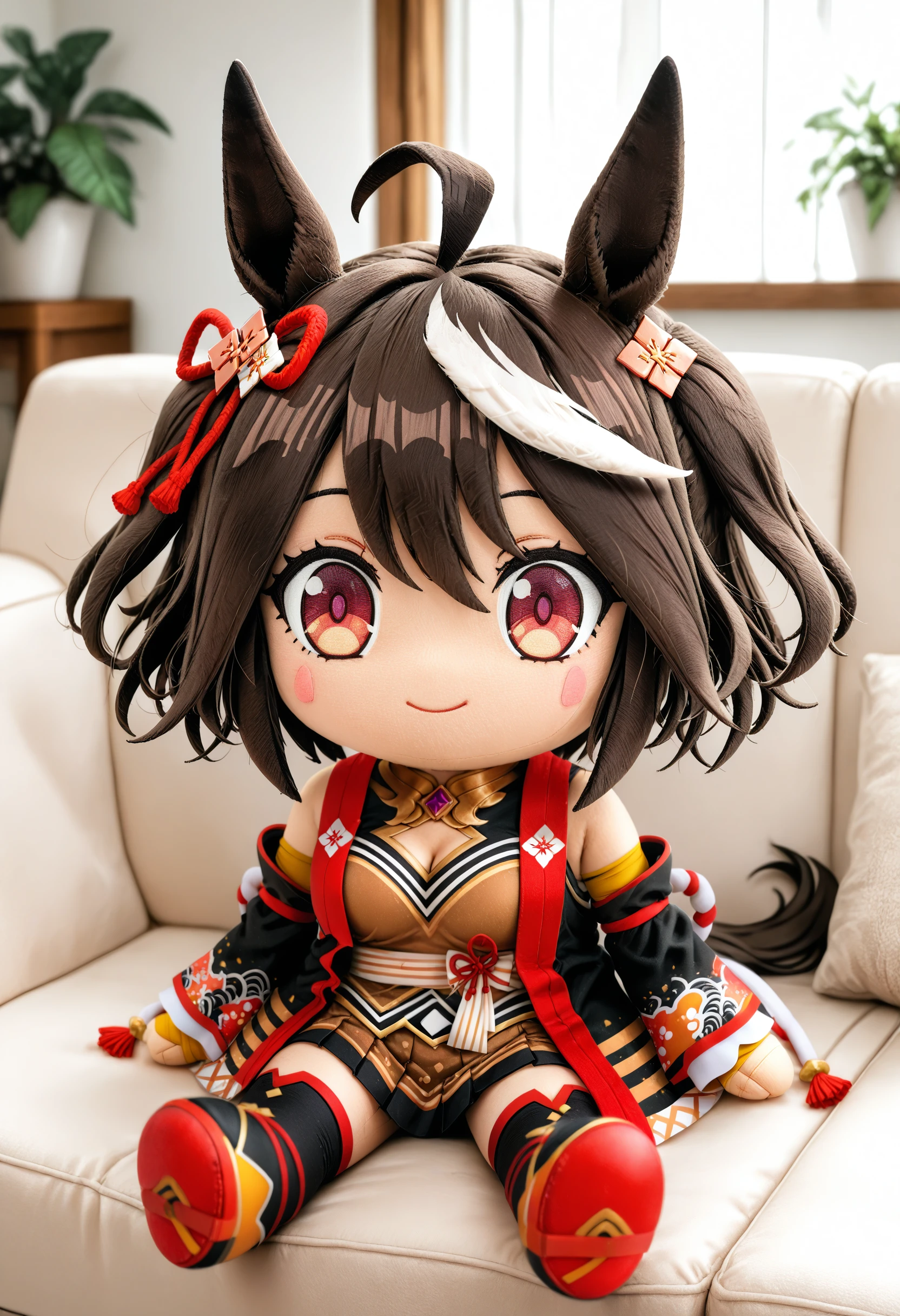 1girl, kitasan black \(umamusume\), umamusume, ahoge, animal ears, black hair, horse ears, horse girl, medium breasts, multicolored hair, red eyes, short hair, streaked hair, two-tone hair, two side up, white hair,
(masterpiece:1.1), (best quality:1.1), (newest:1.1), (absurdres:1.1), (highres:1.1), solo,
character doll,chibi, sitting, full body, indoors, couch ,<lora:characterdoll_Illust_v1:0.8>