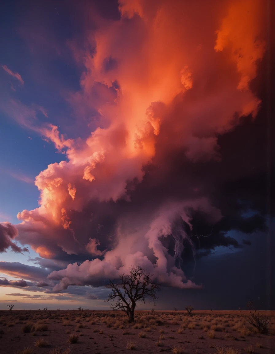 Surreal style, Through the lens of a Sony A7 IV camera paired with an 85mm lens,Envision a scene of serene beauty as the vibrant sunset color clouds paired with thunder storm and barren land. <lora:landscape:1>