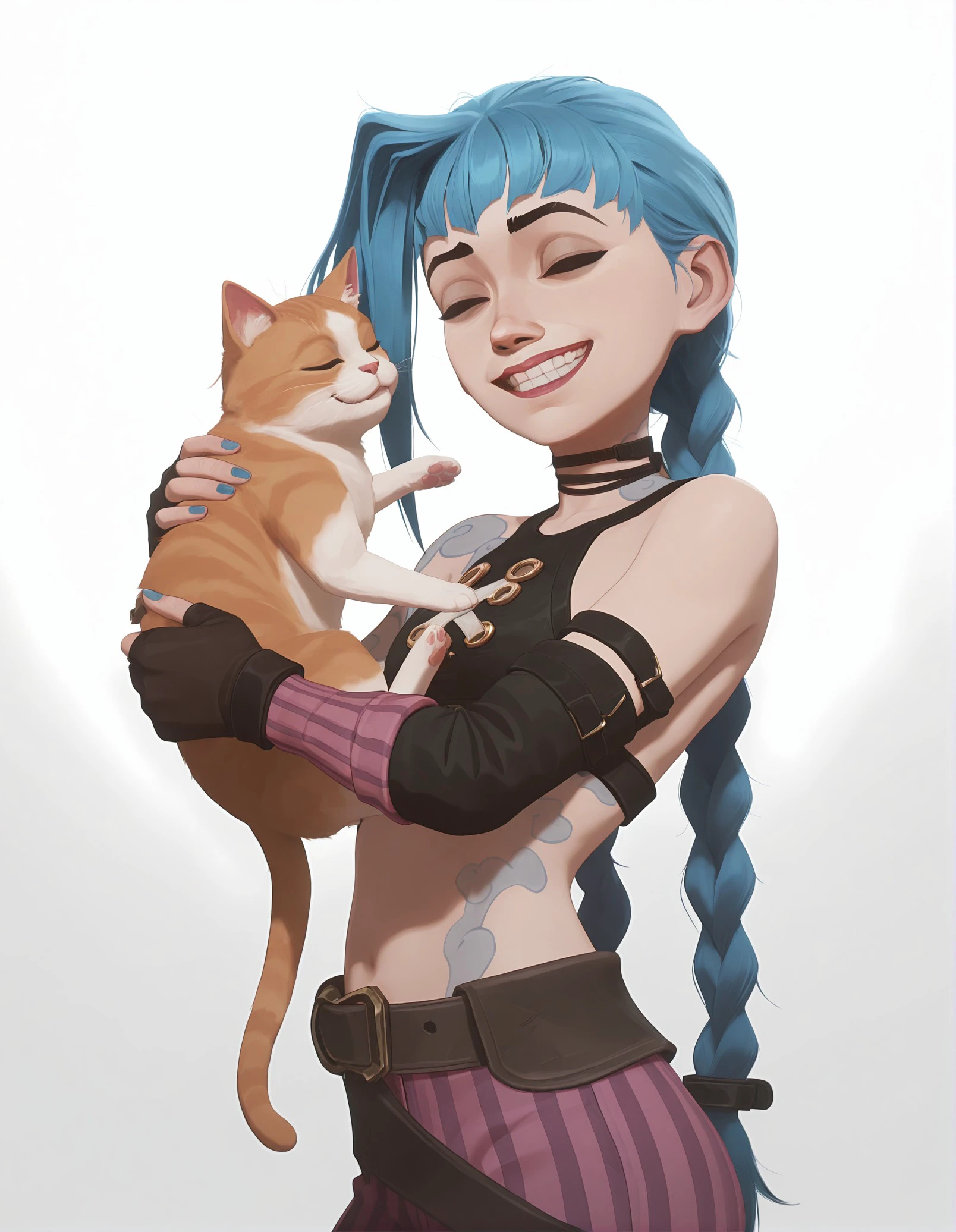 masterpiece, best quality, amazing quality, very aesthetic, absurdres, newest, jinx_(league_of_legends), 1girl, long_hair, holding_animal, smile, braid, tattoo, cat, twin_braids, holding, gloves, fingerless_gloves, shoulder_tattoo, animal, holding_cat, bangs, blue_hair, solo, pink_pants, closed_eyes, bare_shoulders, belt, brown_gloves, arm_tattoo, teeth, grin, artist_name, nail_polish, simple_background, brown_belt, blue_nails, pants, striped, crop_top, striped_pants, asymmetrical_bangs, white_background, grey_background, detached_sleeves, Arcane Style, <lora:23029ffd-e4e6-4870-a2b4-fb6b510c1f0b:0.8>