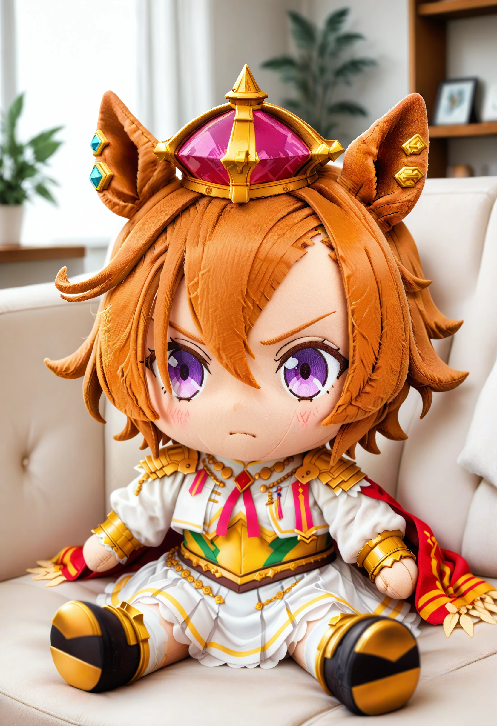 1girl, t.m. opera o \(umamusume\), umamusume, animal ears, horse ears, horse girl, purple eyes, short hair, v-shaped eyebrows, brown hair, small breasts, flat chest,
(masterpiece:1.1), (best quality:1.1), (newest:1.1), (absurdres:1.1), (highres:1.1), solo,
character doll,chibi, sitting, full body, indoors, couch ,<lora:characterdoll_Illust_v1:0.8>