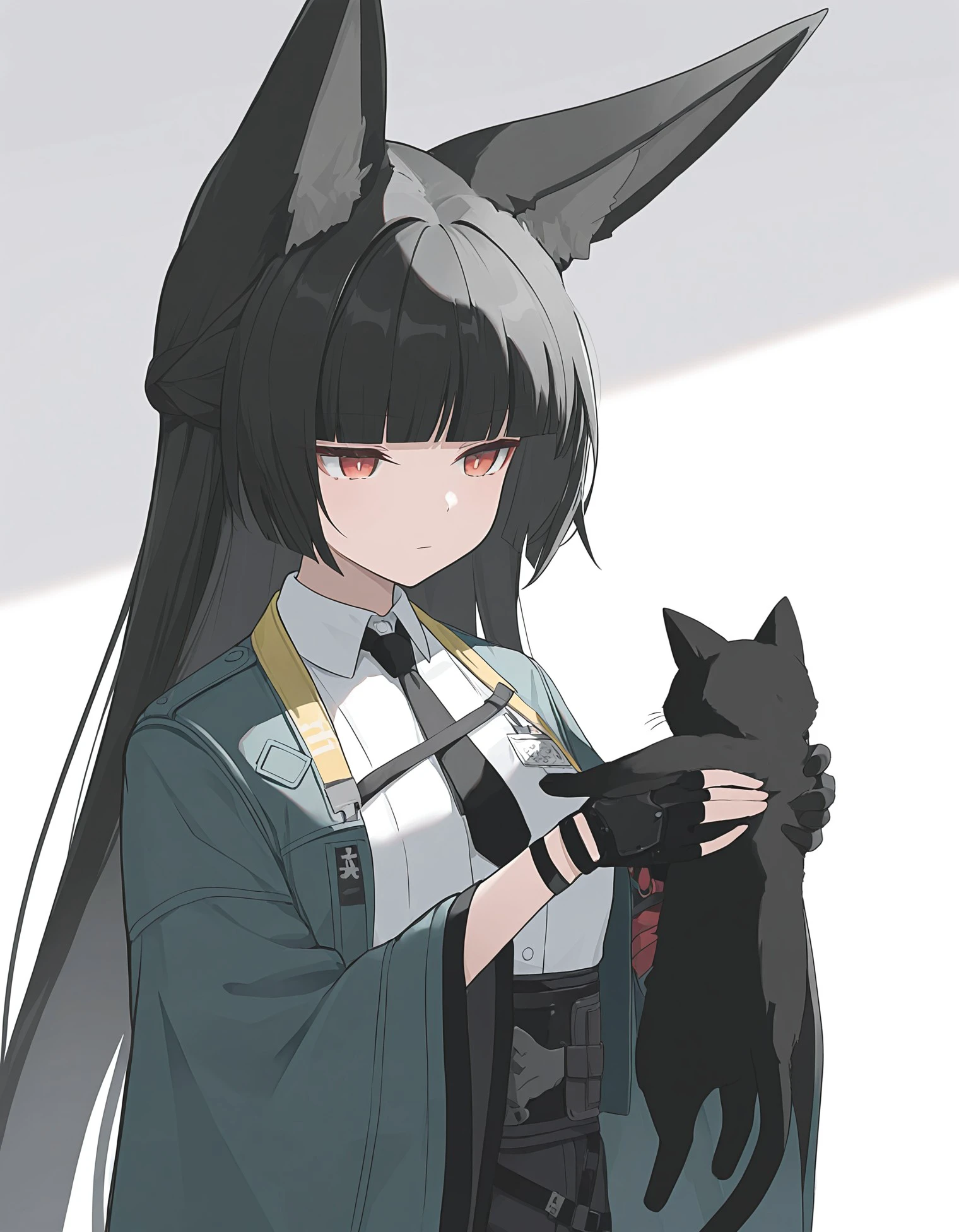 masterpiece, best quality, amazing quality, very aesthetic, absurdres, newest, 1girl, Miyabi, animal_ears, gloves, holding, holding_cat, holding_animal, cat, necktie, long_hair, black_hair, fingerless_gloves, black_necktie, animal, black_gloves, white_background, shirt, bangs, simple_background, white_shirt, upper_body, animal_ear_fluff, solo, collared_shirt, blunt_bangs, red_eyes, fox_ears, long_sleeves, closed_mouth, wide_sleeves, japanese_clothes, jacket, <lora:0a65d071-a7eb-411b-8a65-a60162b91f65:0.8>