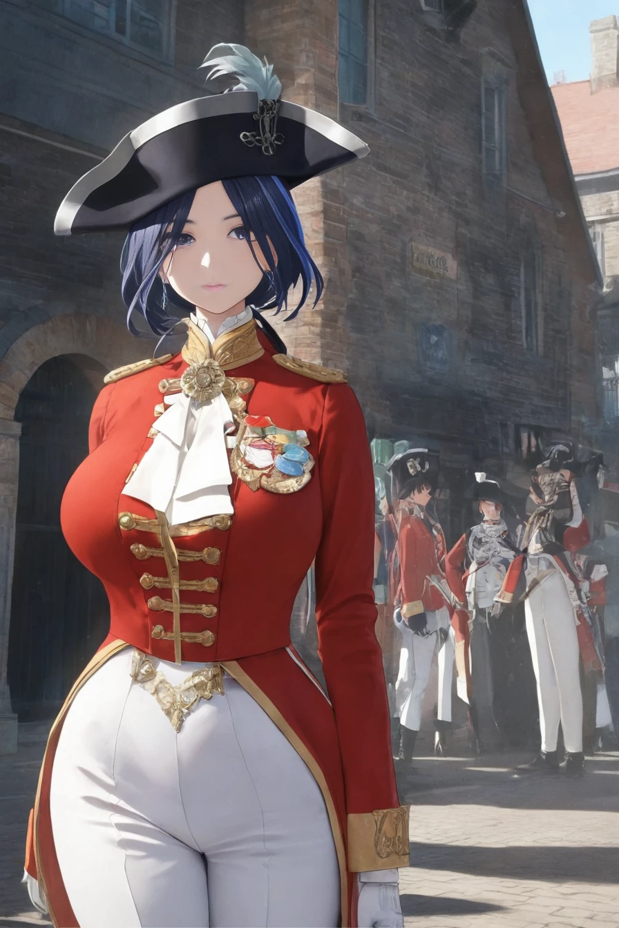 people,characters,copyright,style,general tags,rating,masterpiece,best quality,good quality,newest,
street,outdoors,victorian european architecture,
1girl,solo,solo focus,<lora:redcoat uniform-v3IL:1>,
military_uniform,uniform,standing,epaulettes,military,white_pants,red_jacket,wide bicorne,bicorne hat,
18cera,regiment of foot,redcoat,
expressionless,wide hips,narrow waist,slim sexy body,large breasts,mature female,
clorinde,purple hair,blue hair,streaked hair,purple eyes,black headwear,white gloves,earrings,hat feather,